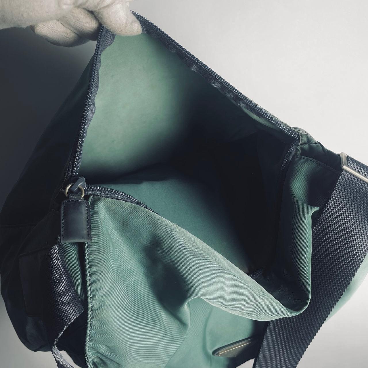 Prada Teal Green Tessuto Classic Monogram Logo Nylon & Leather Flap Shoulder Sling Bag