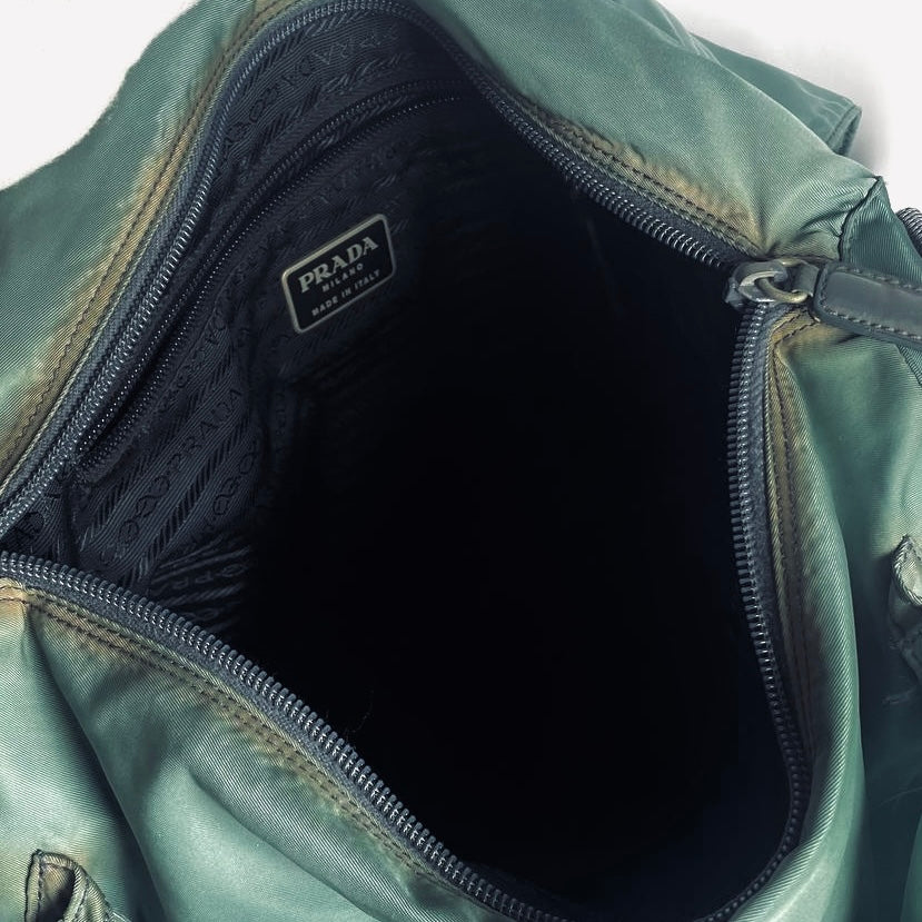 Prada Teal Green Tessuto Classic Monogram Logo Nylon & Leather Flap Shoulder Sling Bag