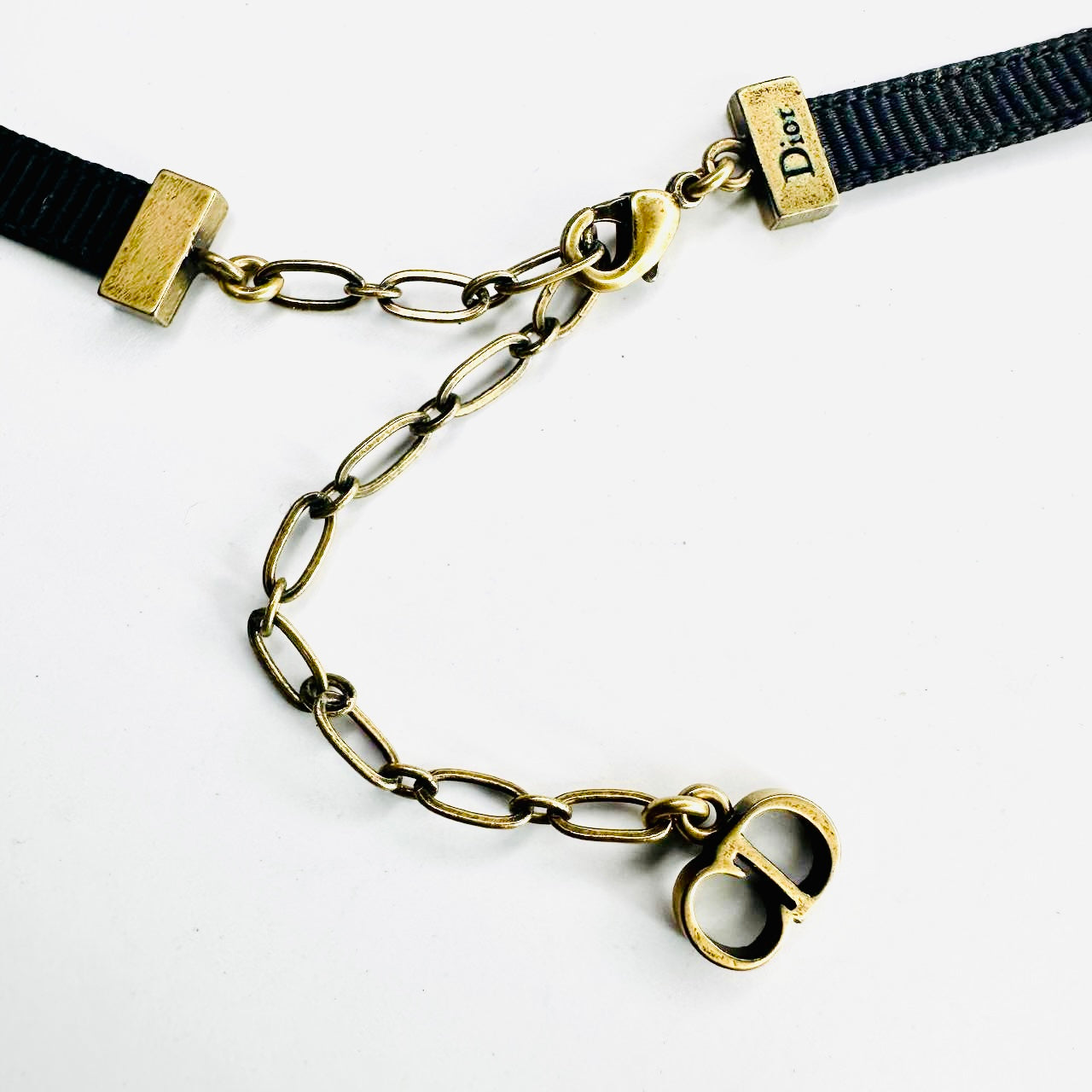 Christian Dior CD Black Jadior Antique Gold Hardware Monogram Logo Charms Choker Necklace