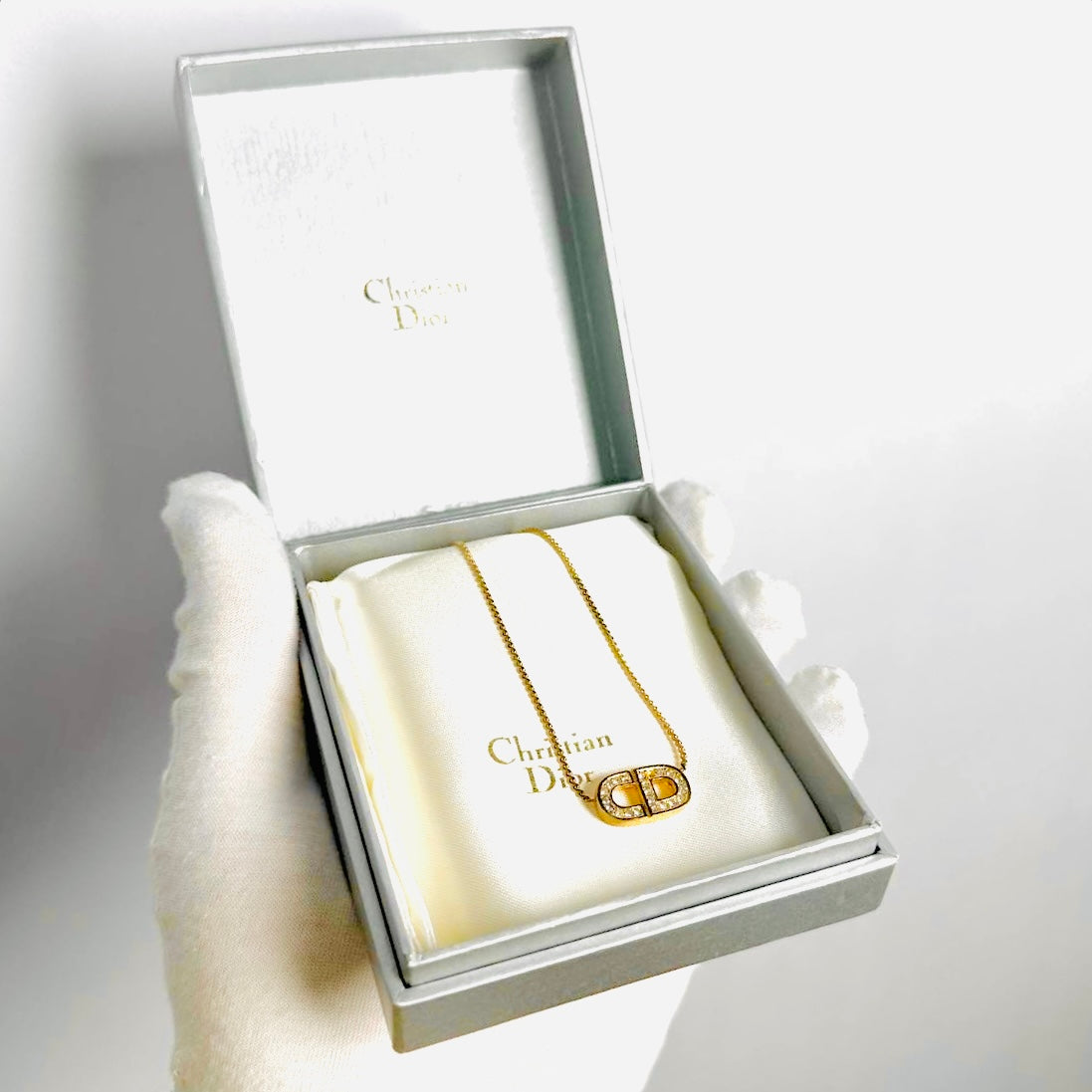 Christian Dior CD Monogram Logo Signature Gold & Crystals Necklace