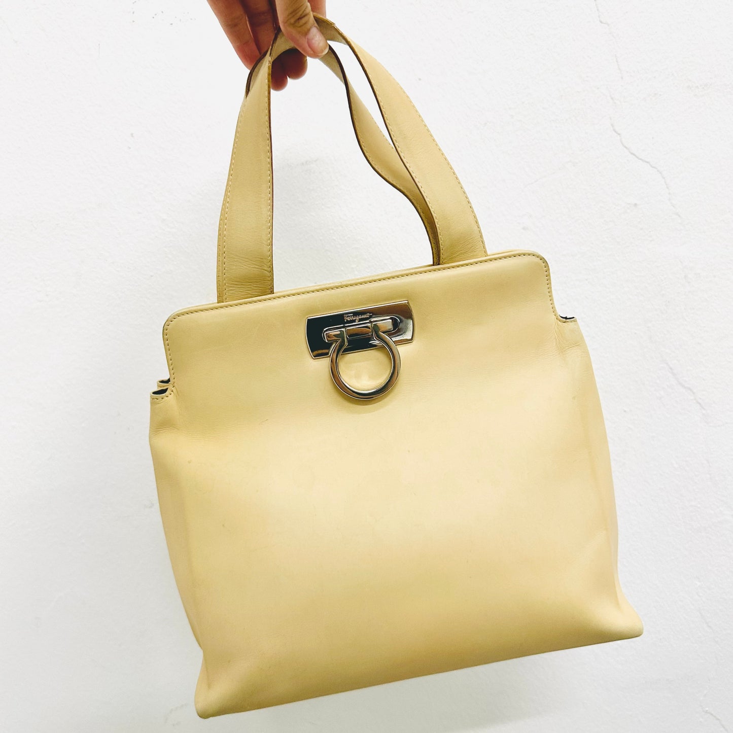 Salvatore Ferragamo Beige Gancini Monogram Logo Flap Shoulder Tote Top Handle Bag