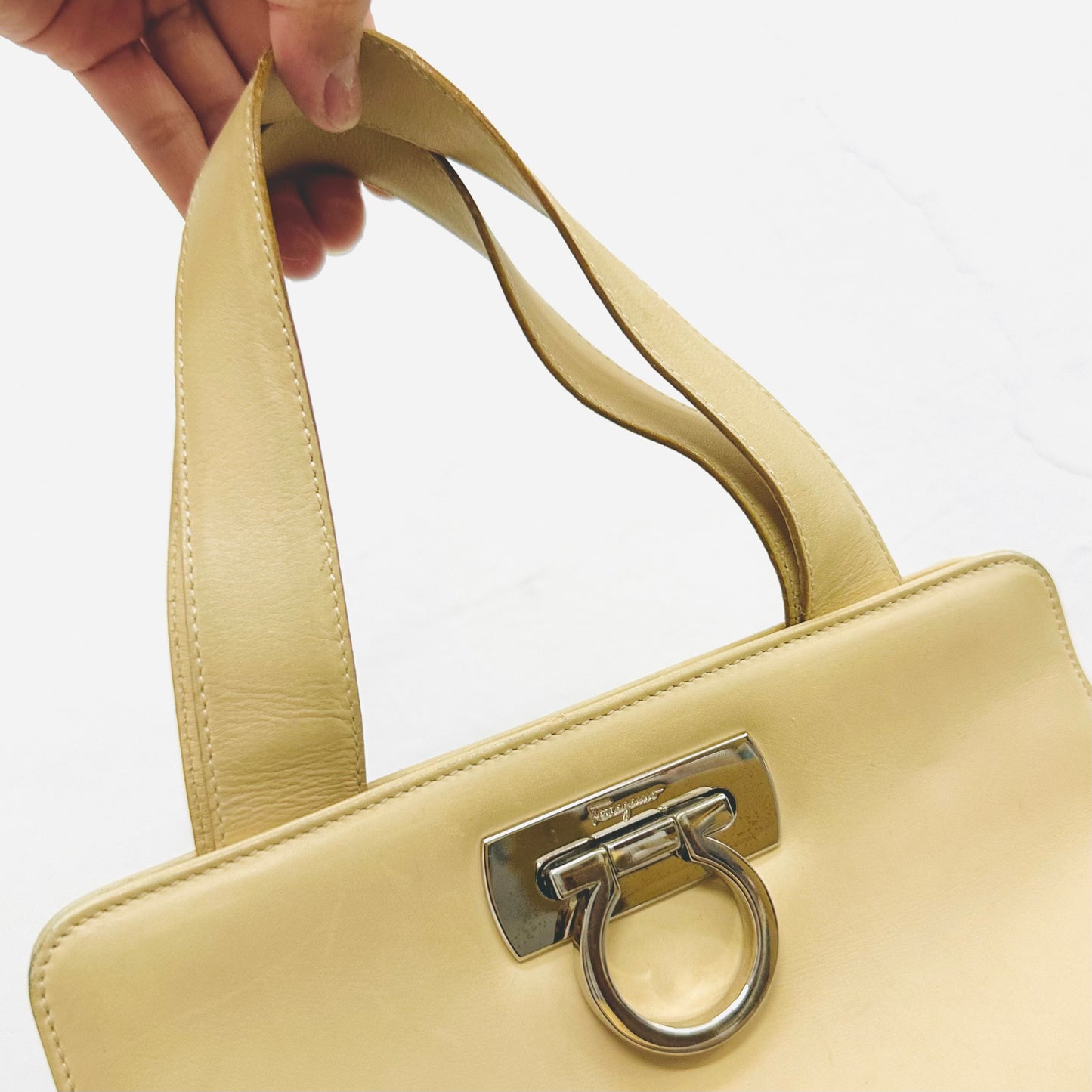 Salvatore Ferragamo Beige Gancini Monogram Logo Flap Shoulder Tote Top Handle Bag