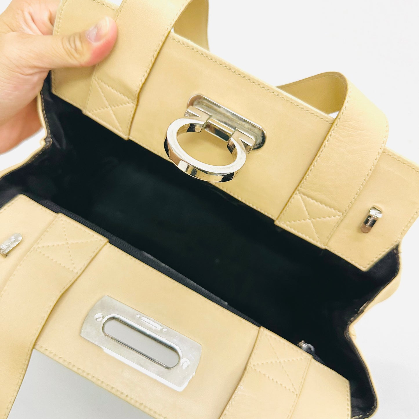 Salvatore Ferragamo Beige Gancini Monogram Logo Flap Shoulder Tote Top Handle Bag