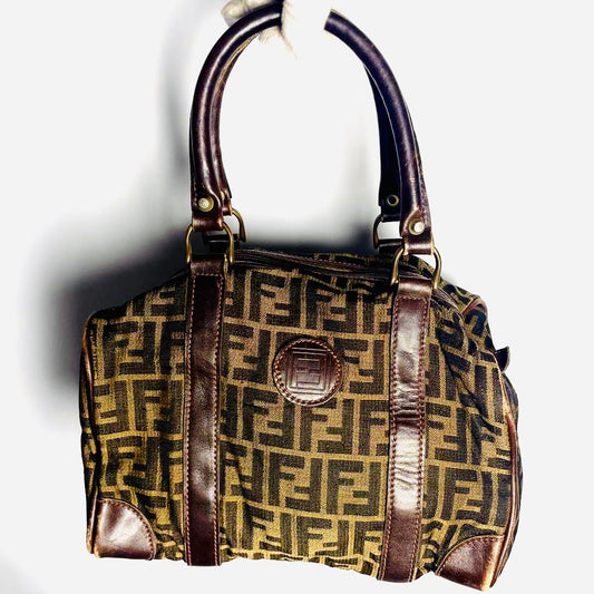 Fendi Zucca Dark Brown FF Monogram Logo Shoulder Shopper Boston 25 Tote Bag