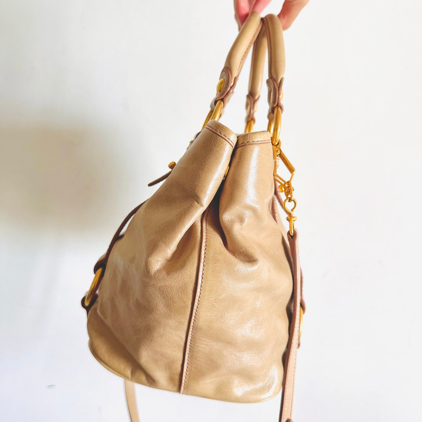 Miu Miu Blush Pink GHW Vitello Shine Classic Logo 2-Way Shopper Shoulder Bauletto Sling Tote Bag