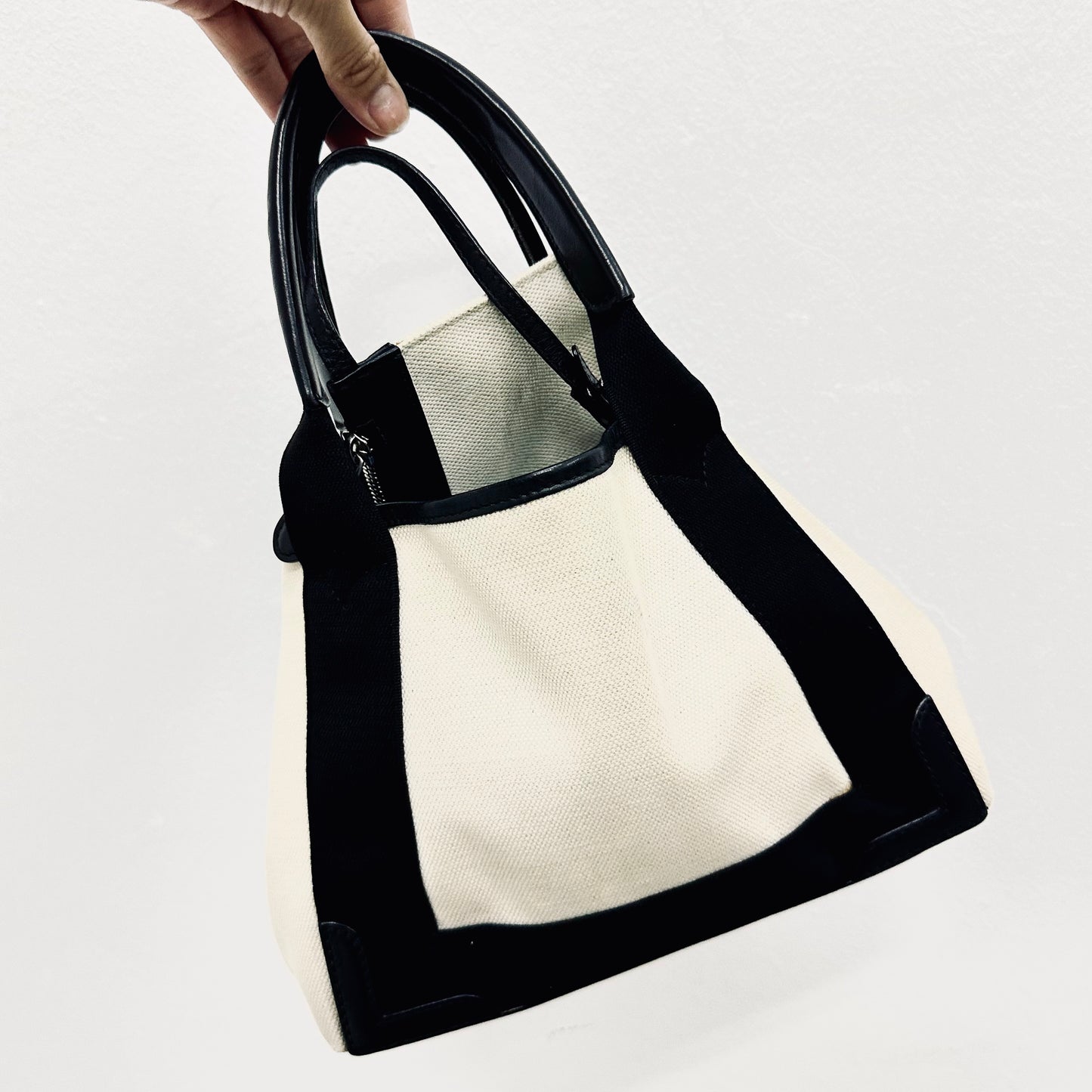 Balenciaga Cabas XS Black / White Monogram Logo 2-Way Structured Shopper Tote Bag With Pouch