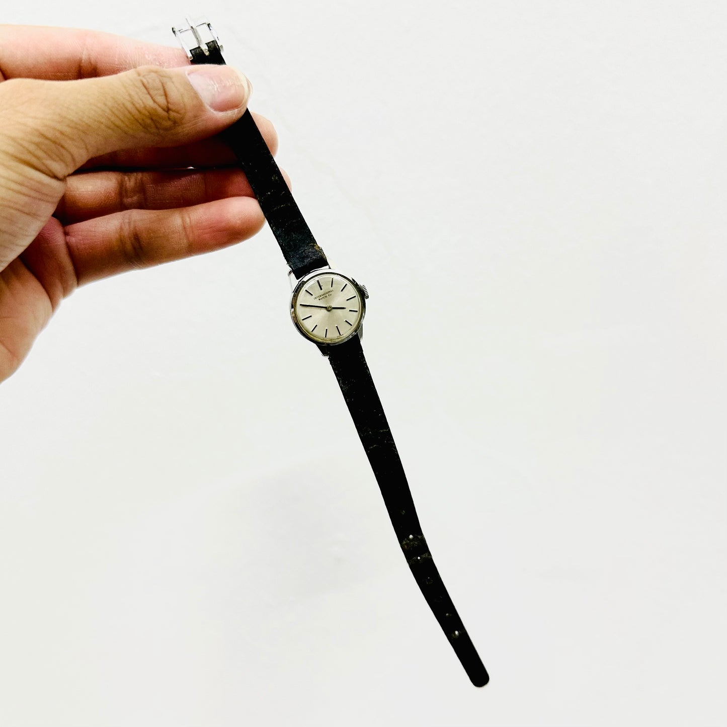 IWC White Round Dial Stainless Steel Black Leather Strap 20MM Vintage Watch