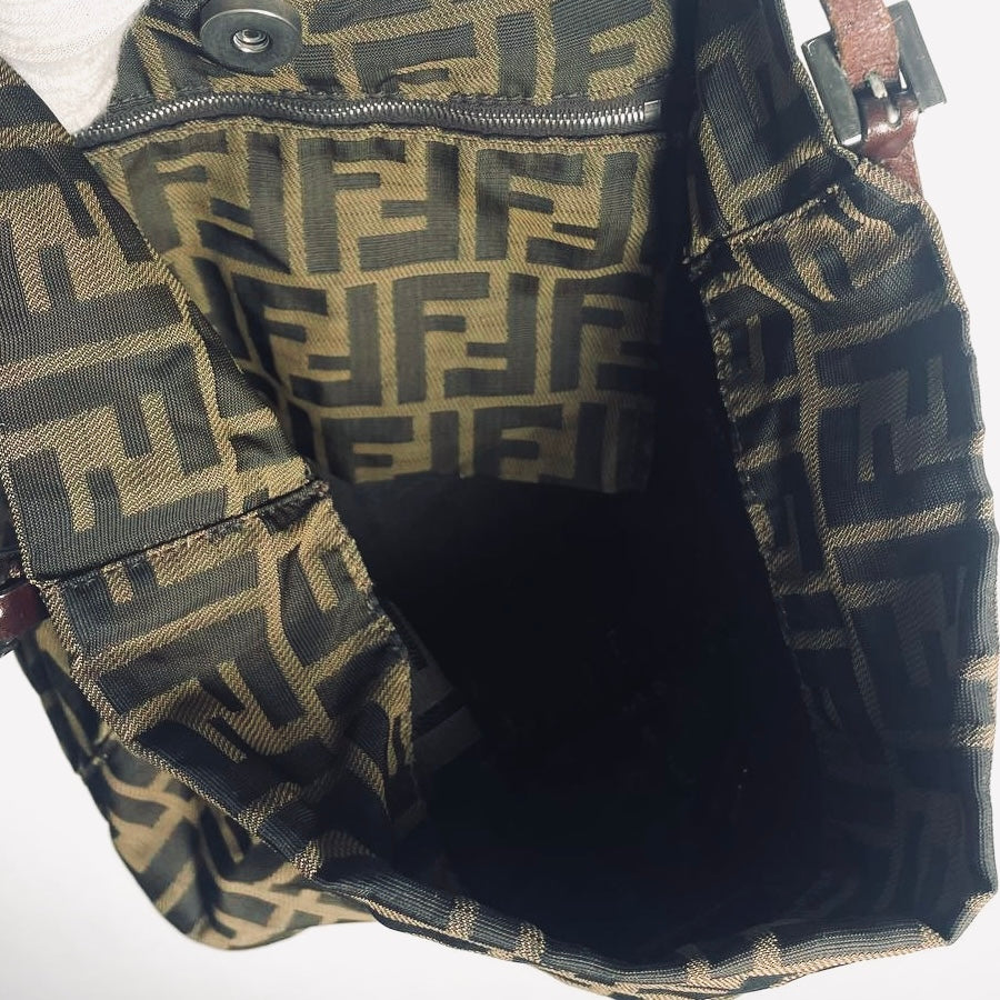 Fendi Zucca Brown FF Monogram Logo Hobo Baguette Shoulder Bag