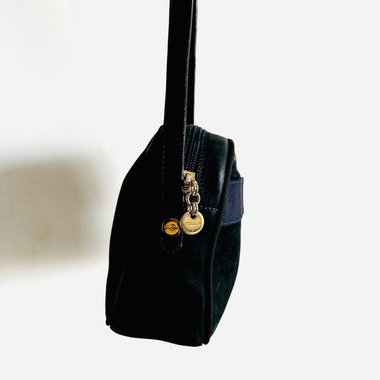 Salvatore Ferragamo Black / Navy Blue GHW Vara Bow Monogram Logo Camera Suede Shoulder Sling Bag