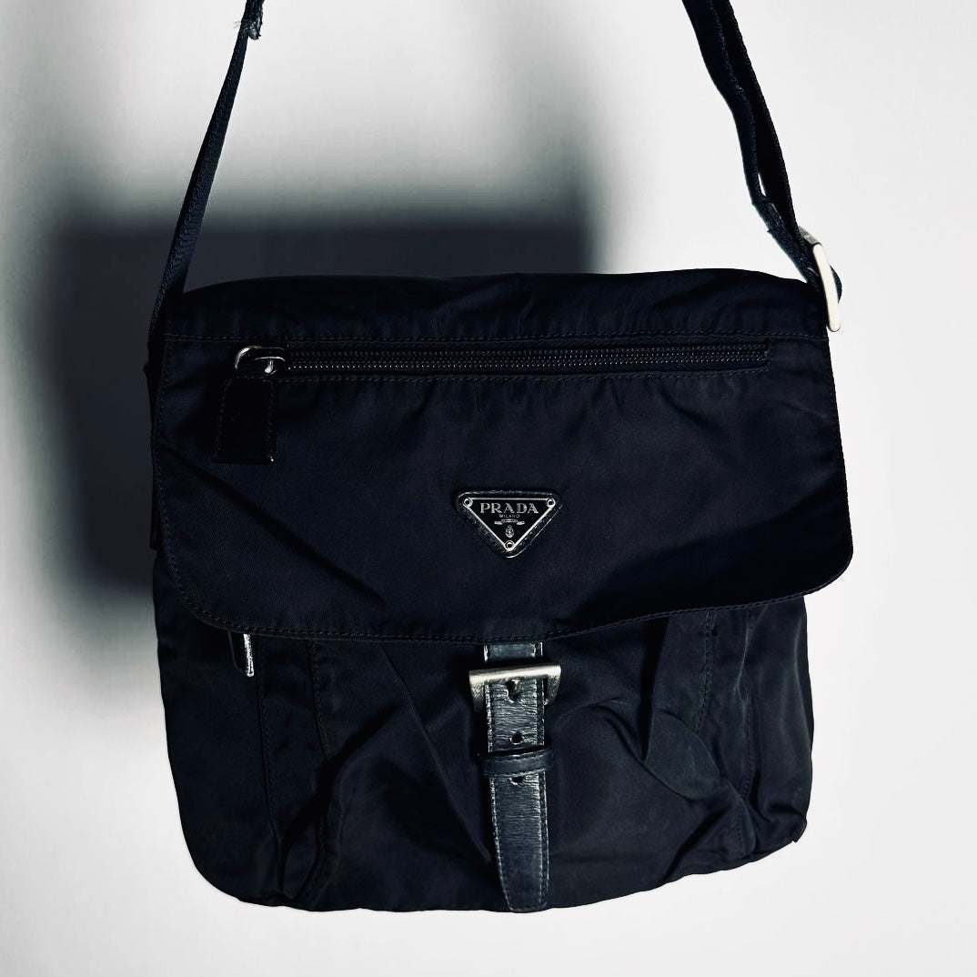 Prada Black Tessuto Logo Classic Nylon & Leather Flap Shoulder Sling Bag