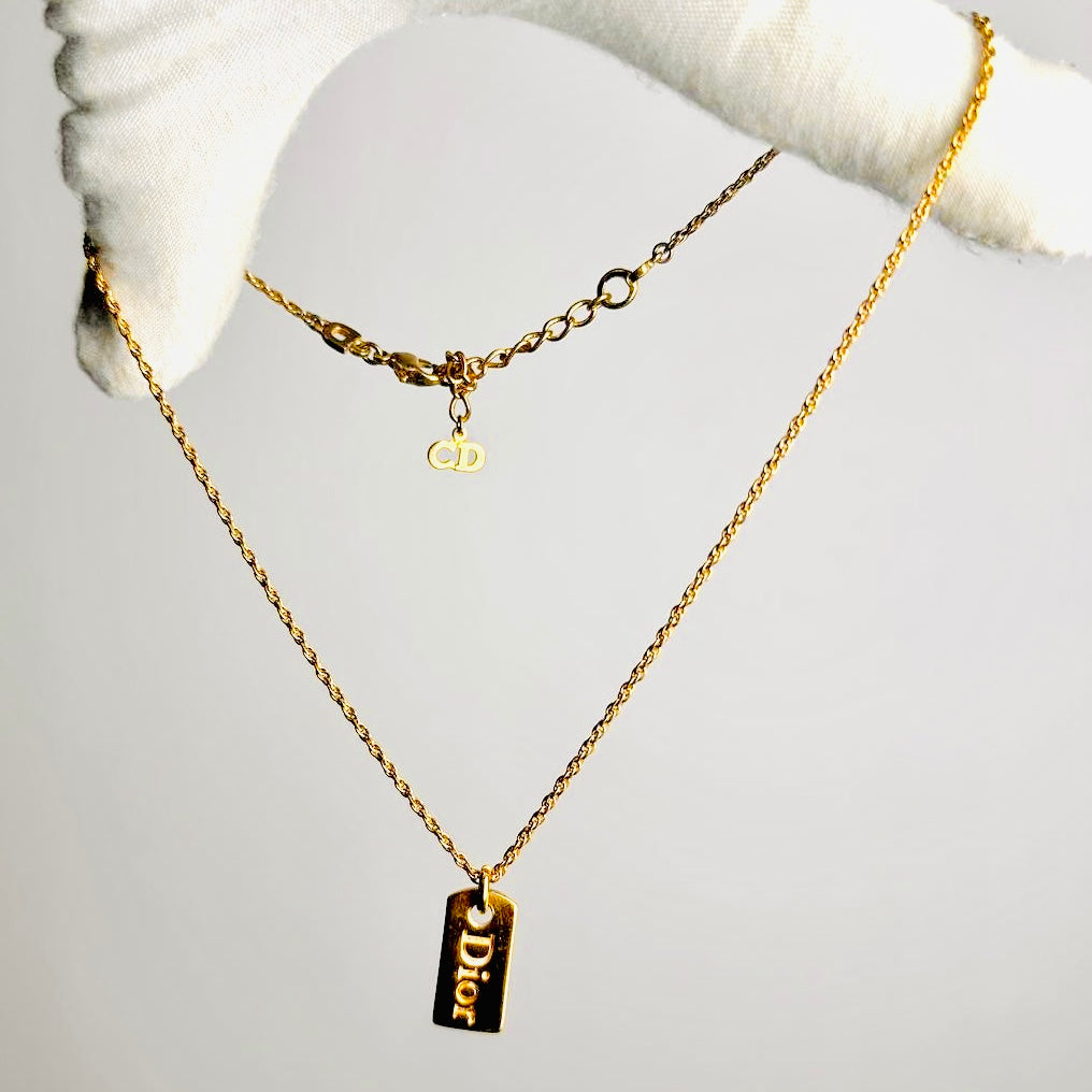Christian Dior CD Monogram Logo Tablet Gold Vintage Chain Necklace