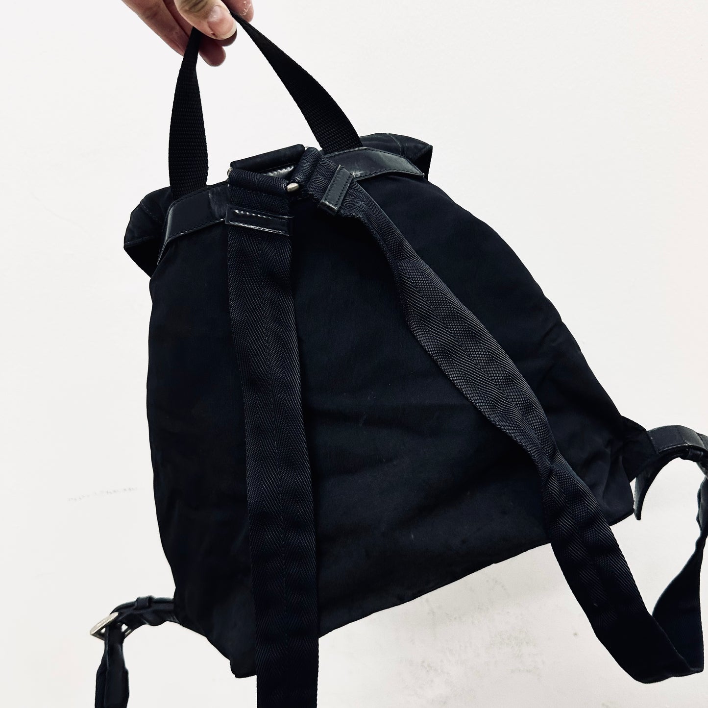 Prada Tessuto Classic Black Monogram Logo Nylon & Leather Backpack Bag