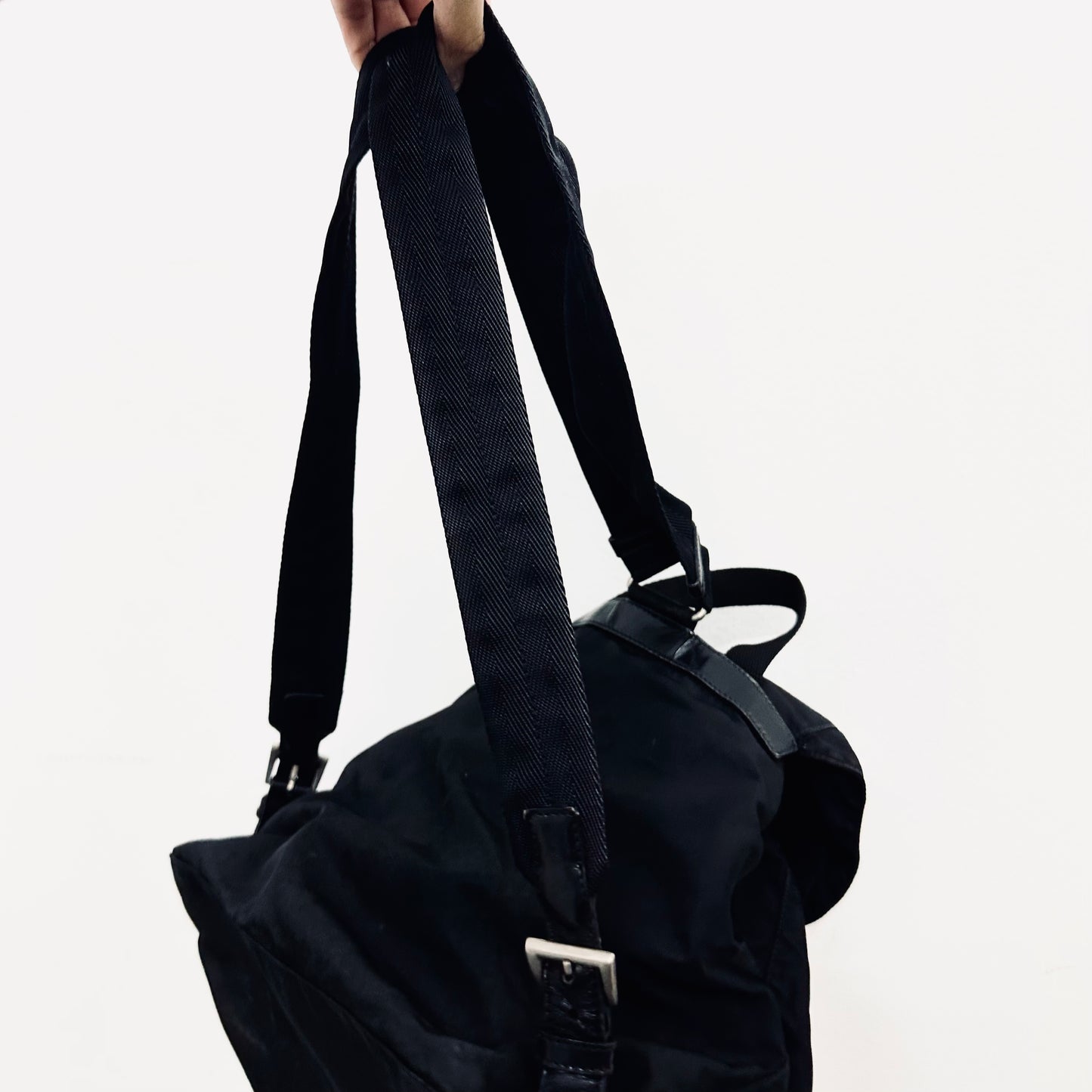 Prada Tessuto Classic Black Monogram Logo Nylon & Leather Backpack Bag