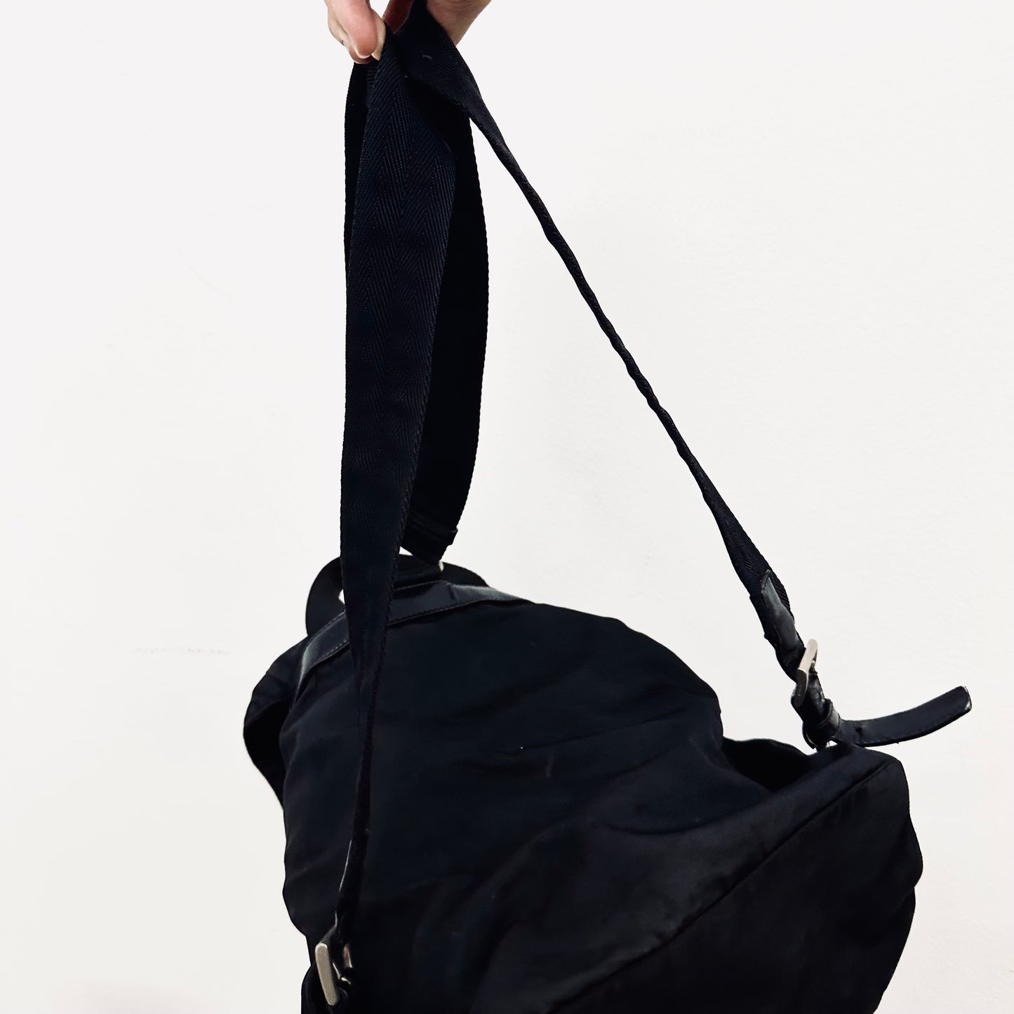 Prada Tessuto Classic Black Monogram Logo Nylon & Leather Backpack Bag