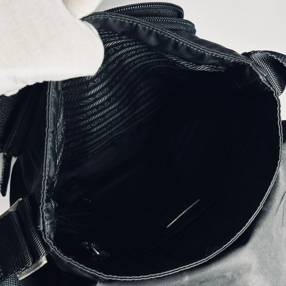 Prada Black Tessuto Logo Classic Nylon & Leather Flap Shoulder Sling Bag