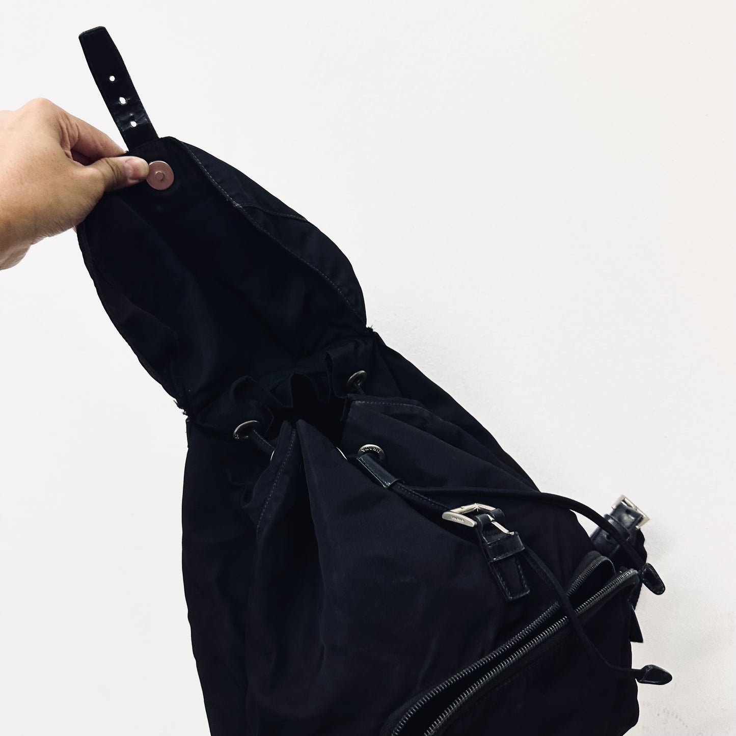 Prada Tessuto Classic Black Monogram Logo Nylon & Leather Backpack Bag