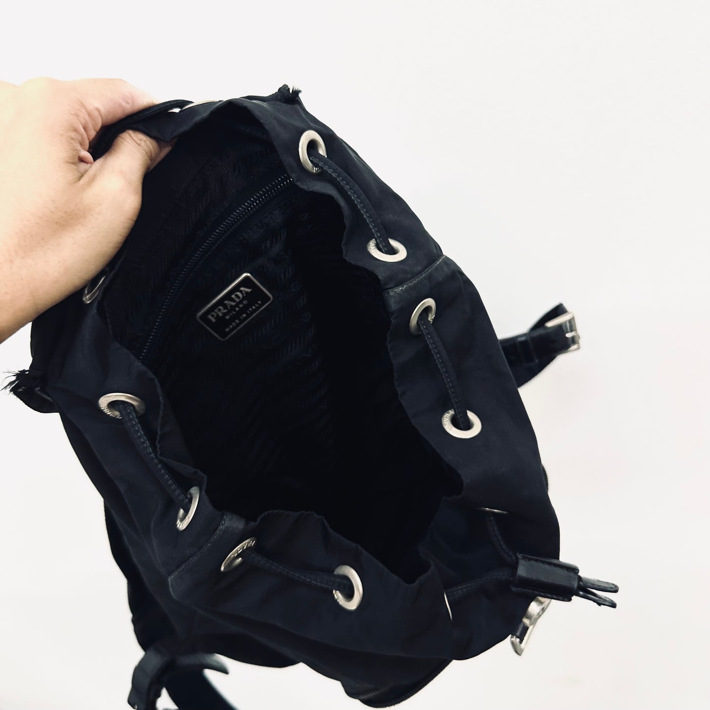 Prada Tessuto Classic Black Monogram Logo Nylon & Leather Backpack Bag