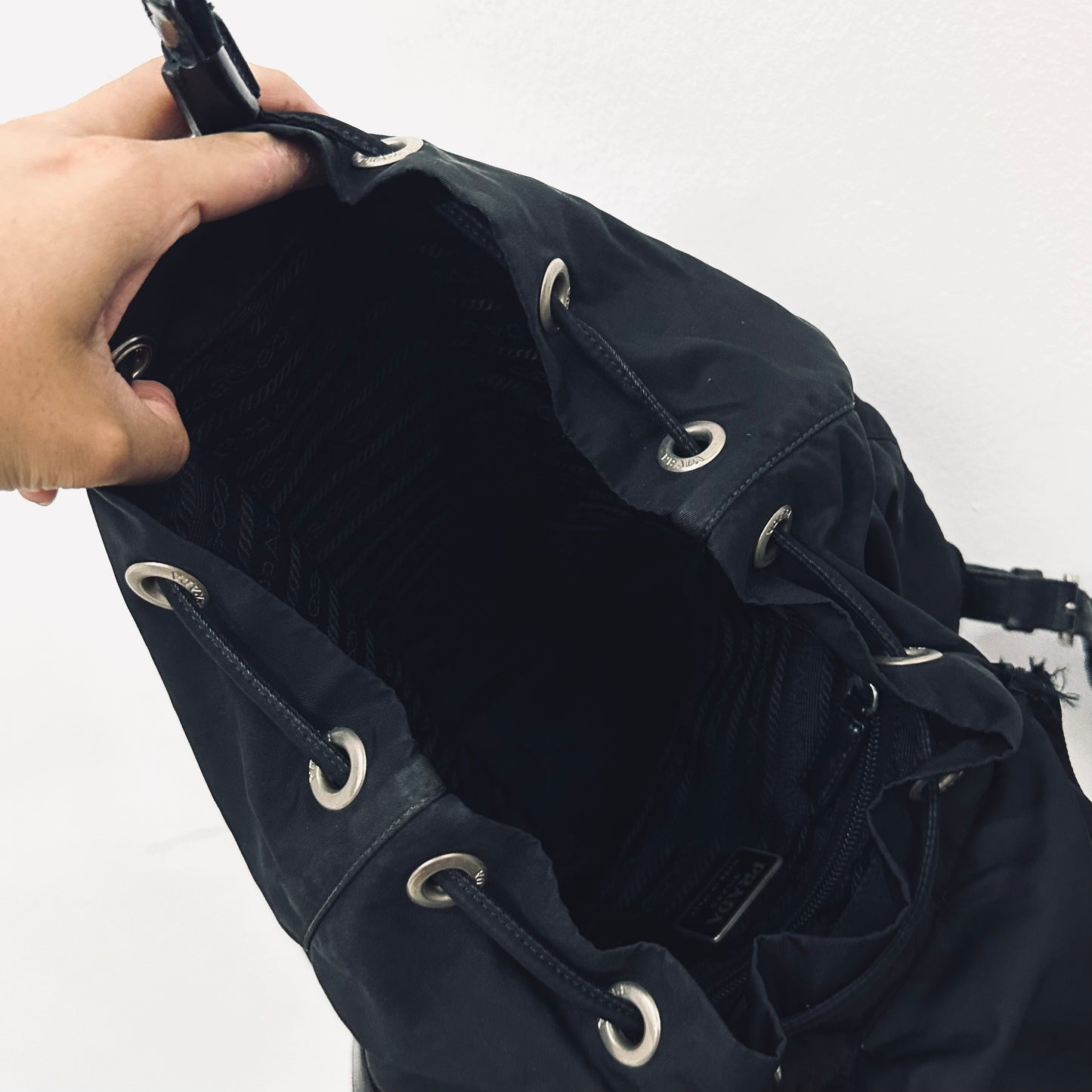 Prada Tessuto Classic Black Monogram Logo Nylon & Leather Backpack Bag