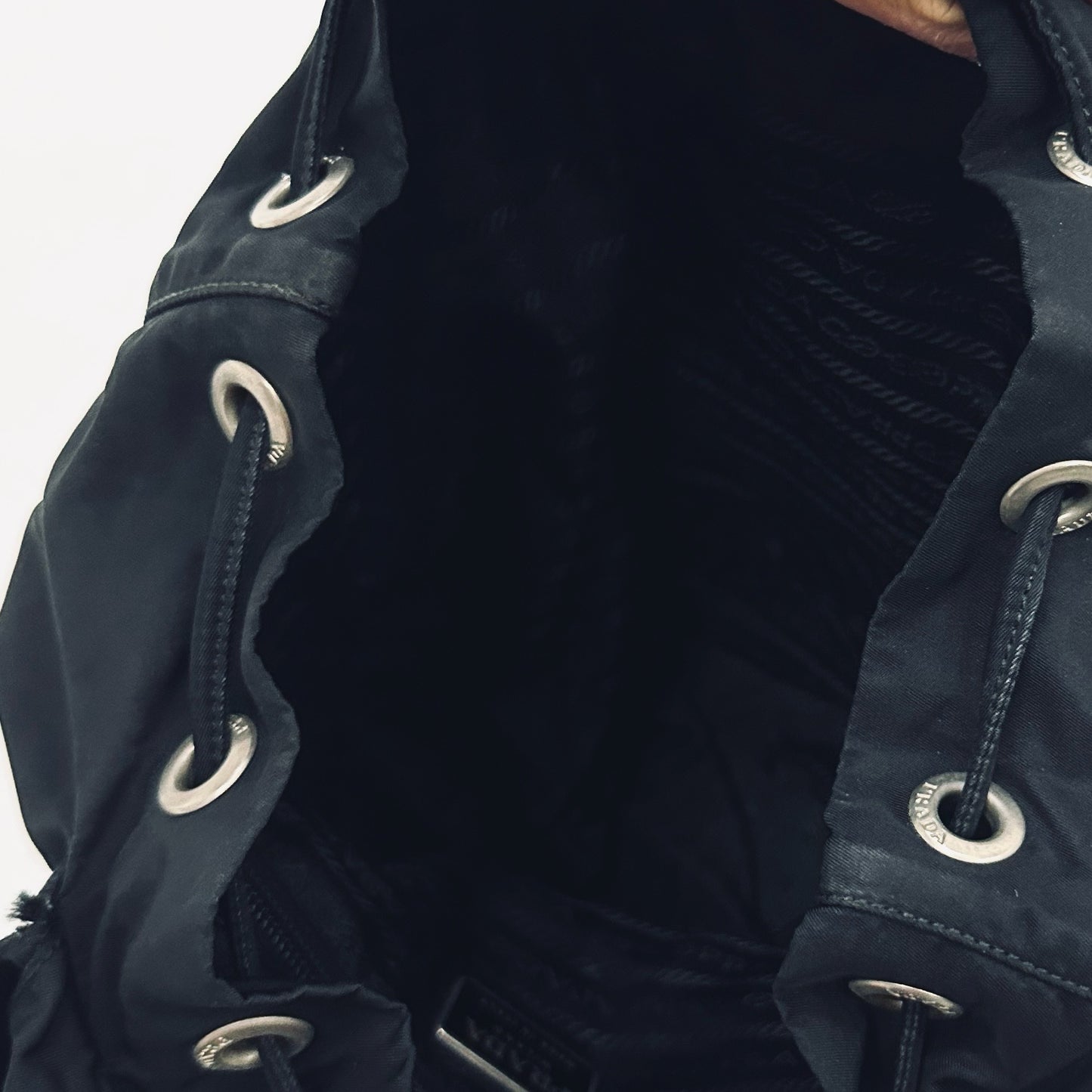 Prada Tessuto Classic Black Monogram Logo Nylon & Leather Backpack Bag