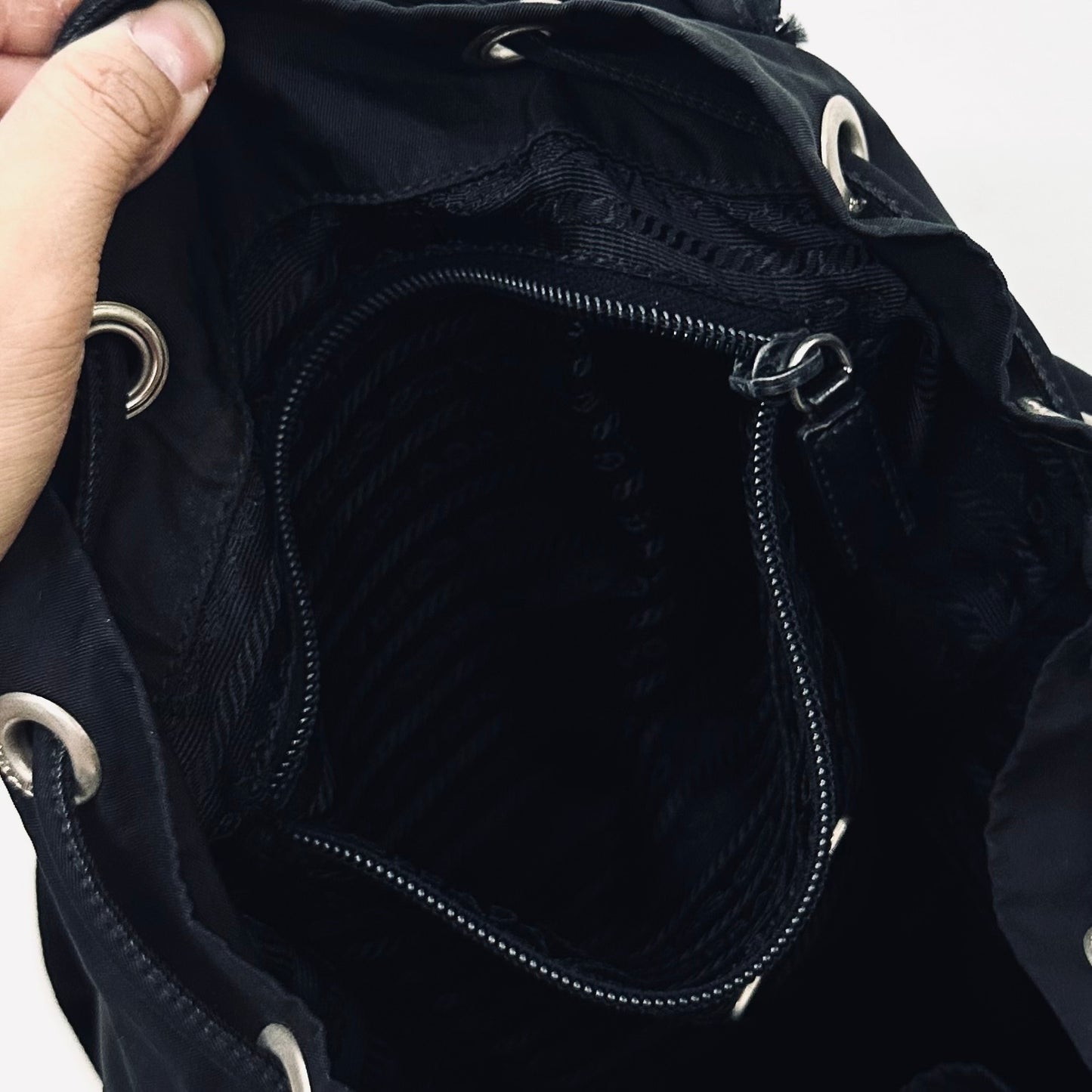 Prada Tessuto Classic Black Monogram Logo Nylon & Leather Backpack Bag