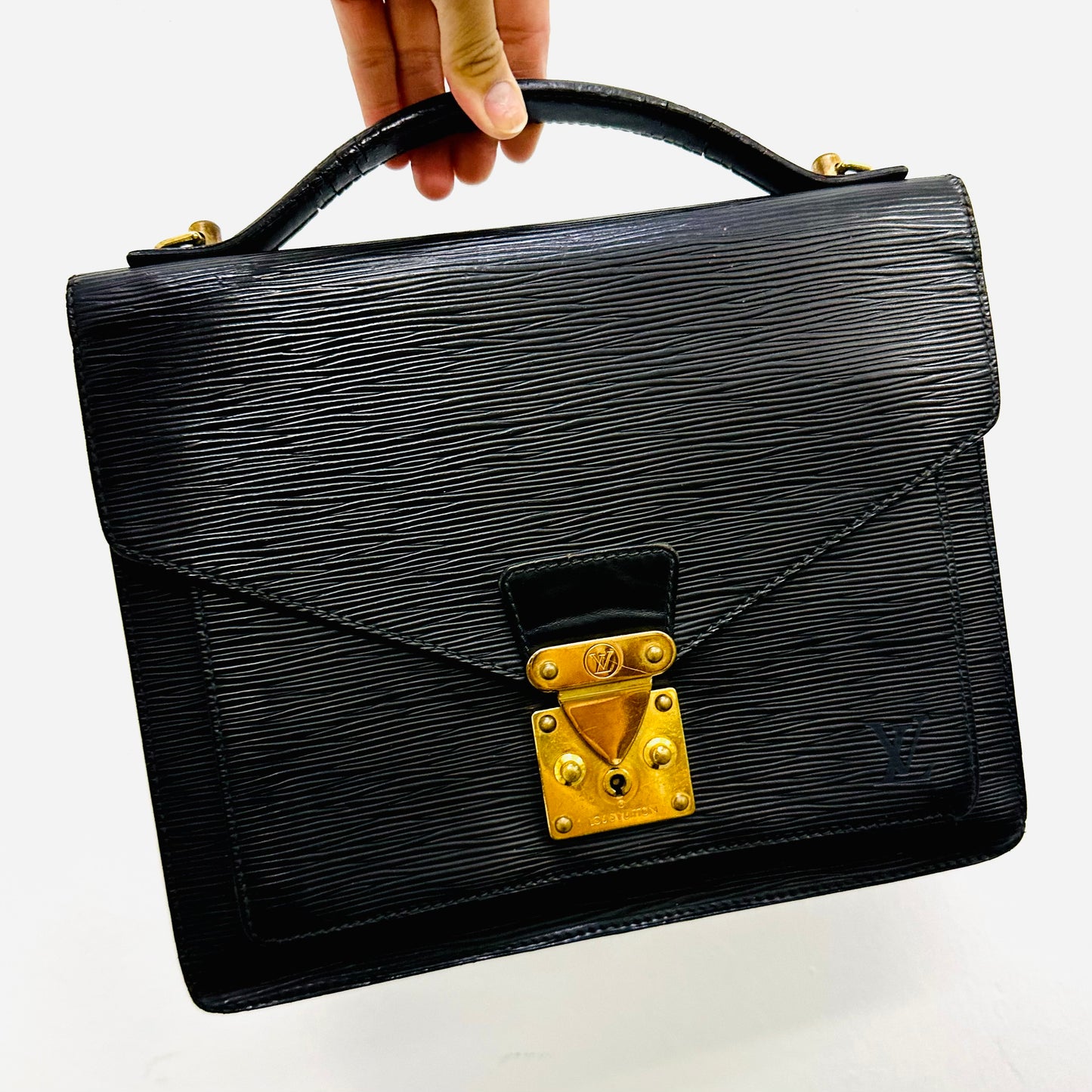 Louis Vuitton LV Monceau 28 Black GHW Epi Leather Monogram Logo Top Handle Flap Bag