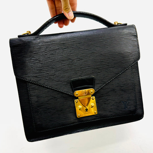 Louis Vuitton LV Monceau 28 Black GHW Epi Leather Monogram Logo Top Handle Flap Bag