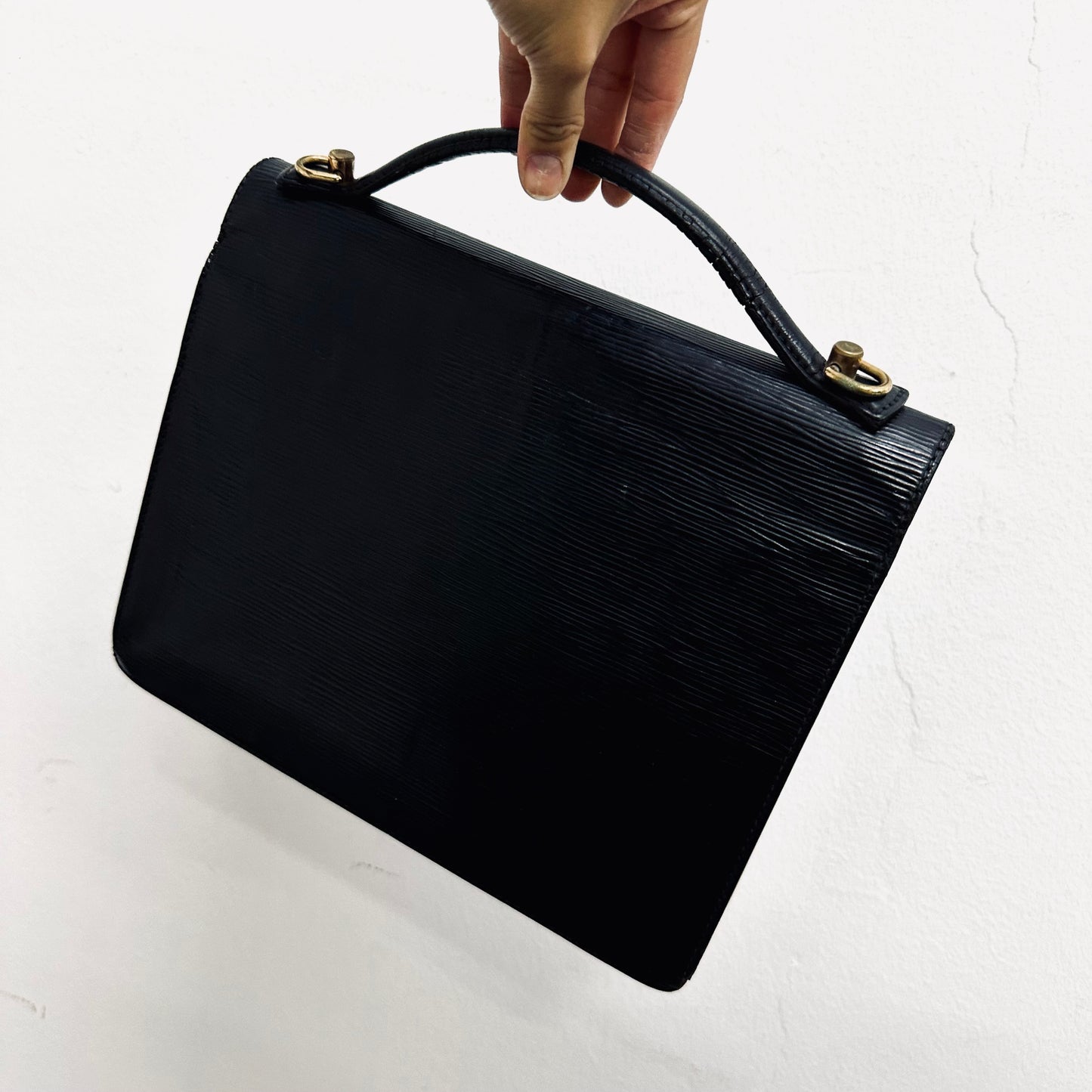 Louis Vuitton LV Monceau 28 Black GHW Epi Leather Monogram Logo Top Handle Flap Bag