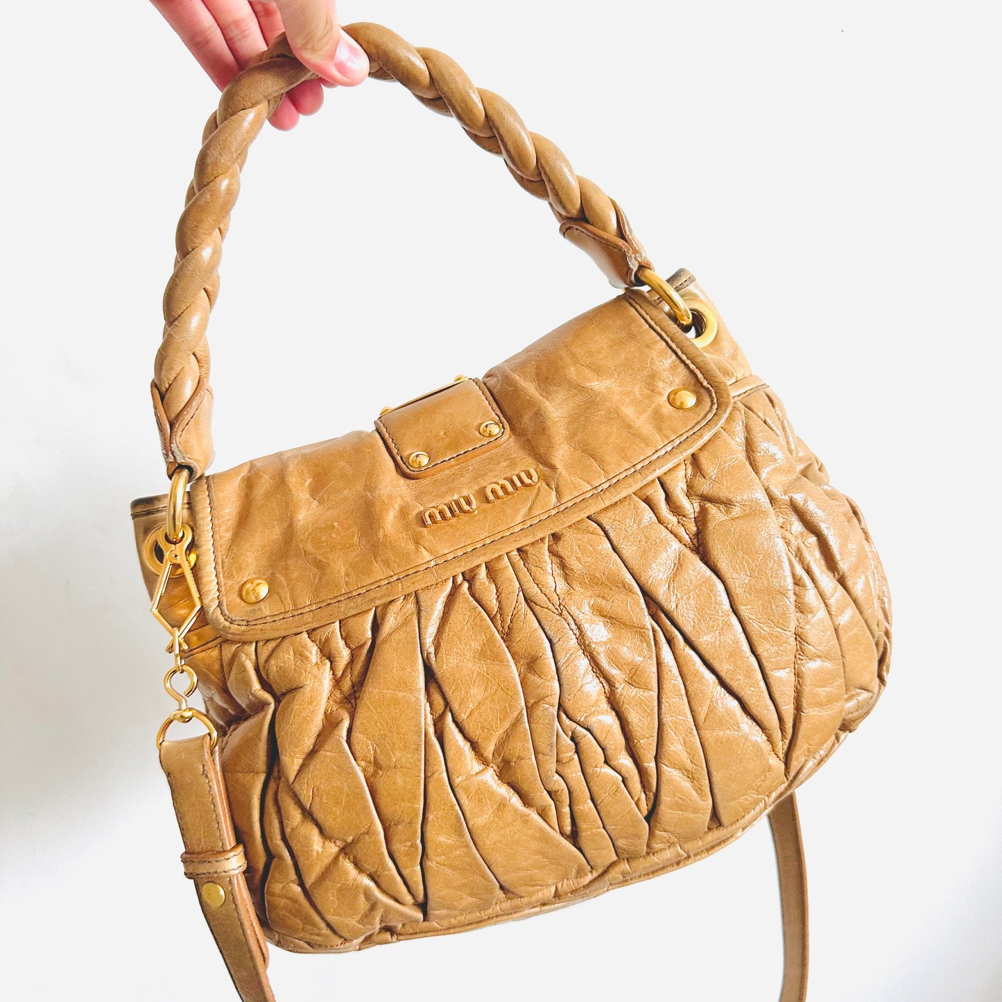 Miu Miu Blush Beige Pink GHW Gaufre Matelasse Lux Leather Classic Logo 2-Way Bauletto Hobo Shopper Shoulder Baguette Sling Bag