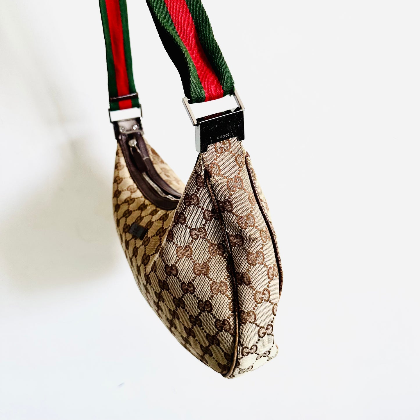 Gucci Beige GG Monogram Logo Web Striped Strap Half Moon Crescent Hobo Baguette Shoulder Sling Bag