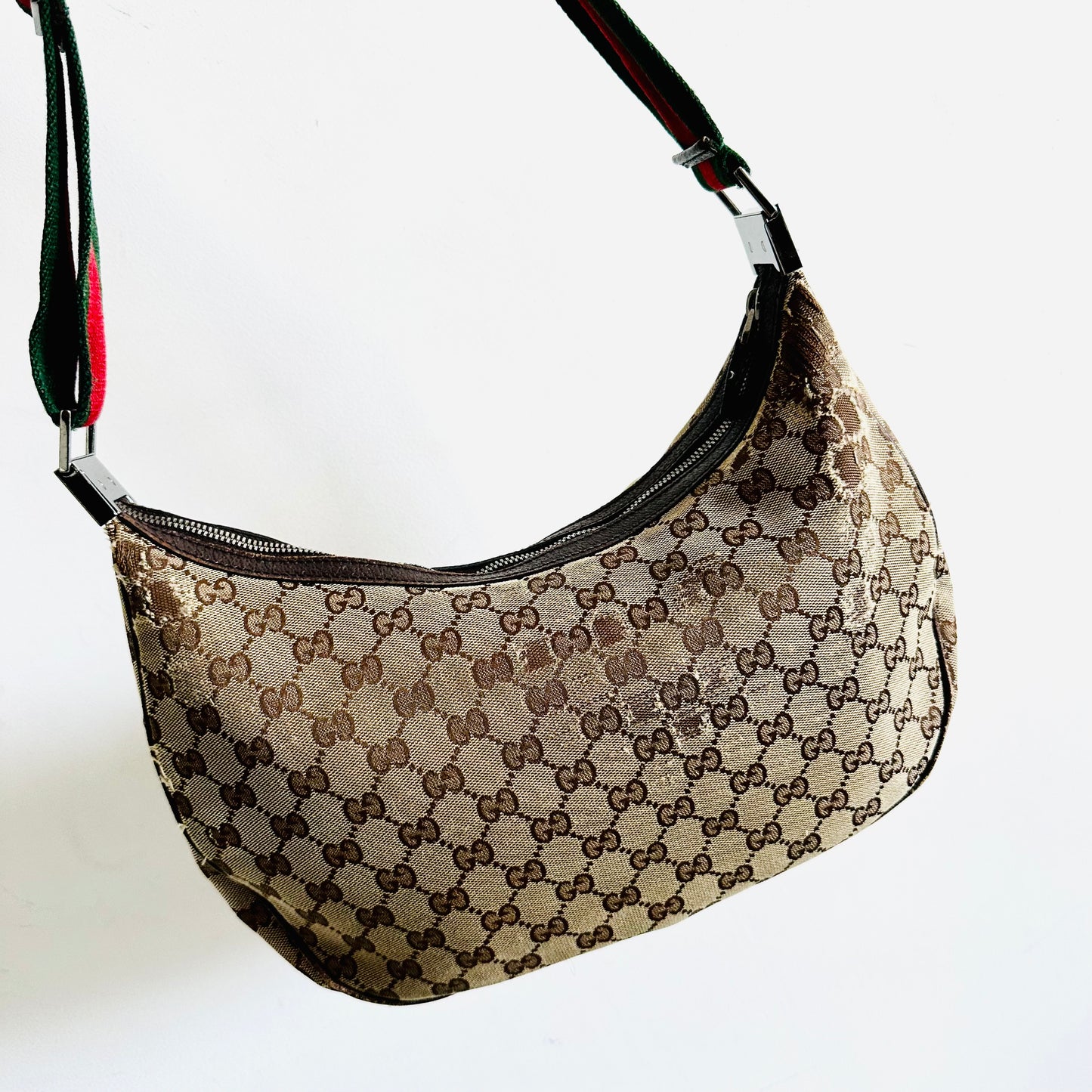 Gucci Beige GG Monogram Logo Web Striped Strap Half Moon Crescent Hobo Baguette Shoulder Sling Bag