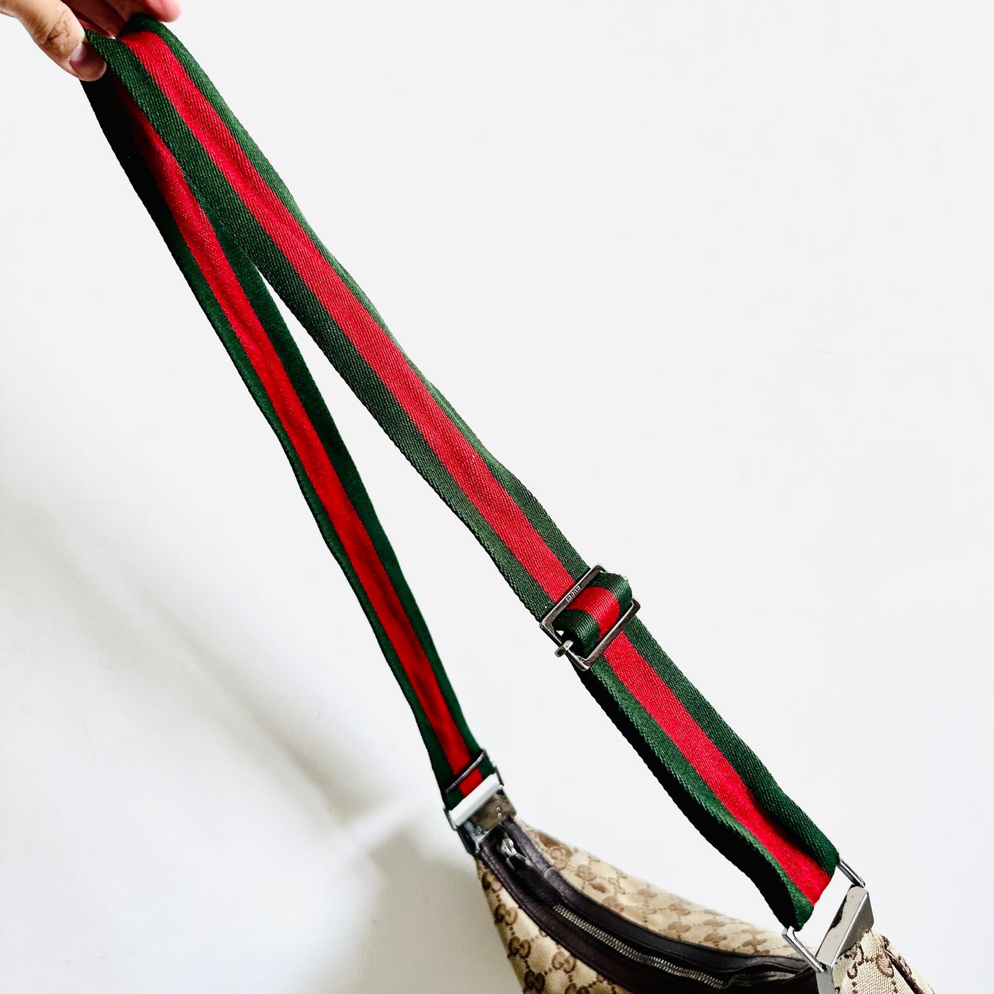 Gucci Beige GG Monogram Logo Web Striped Strap Half Moon Crescent Hobo Baguette Shoulder Sling Bag