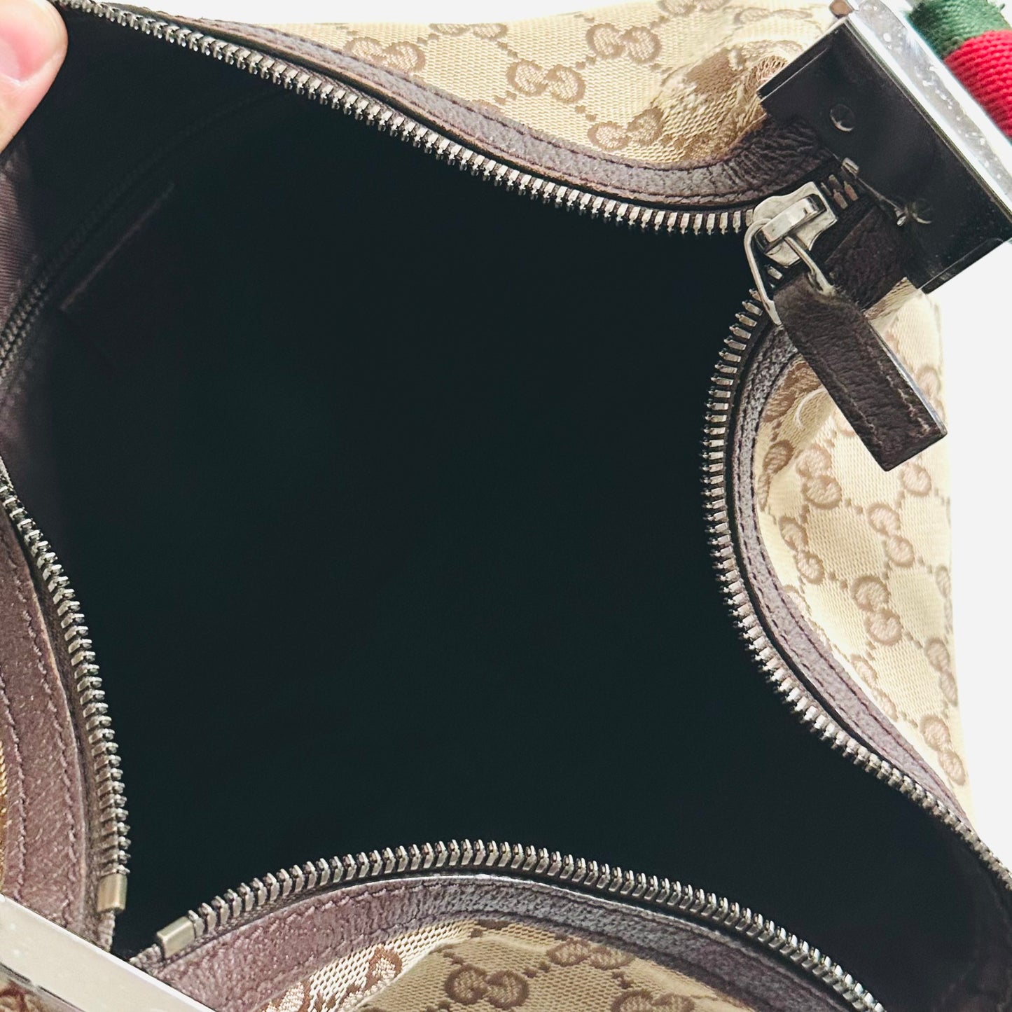 Gucci Beige GG Monogram Logo Web Striped Strap Half Moon Crescent Hobo Baguette Shoulder Sling Bag