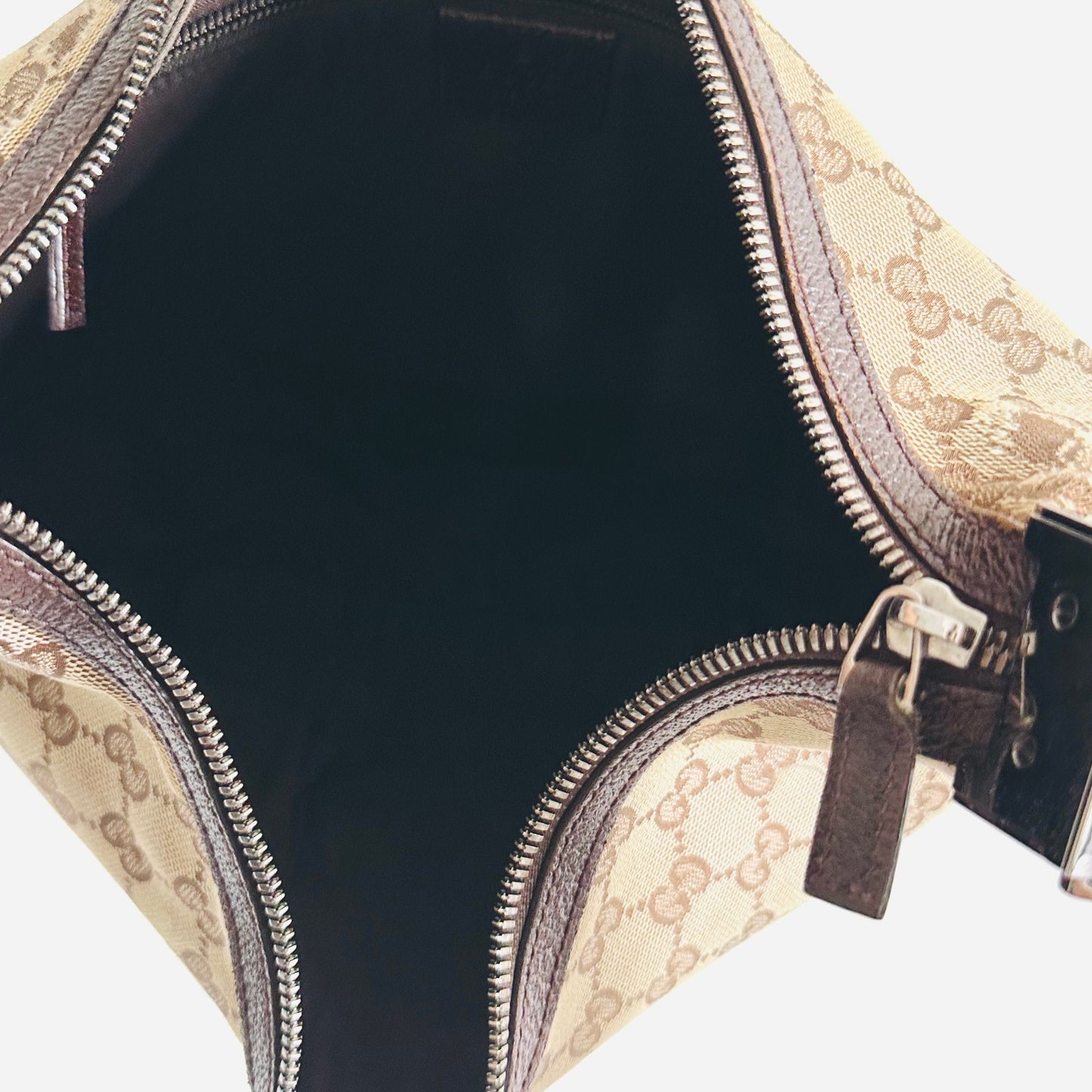 Gucci Beige GG Monogram Logo Web Striped Strap Half Moon Crescent Hobo Baguette Shoulder Sling Bag