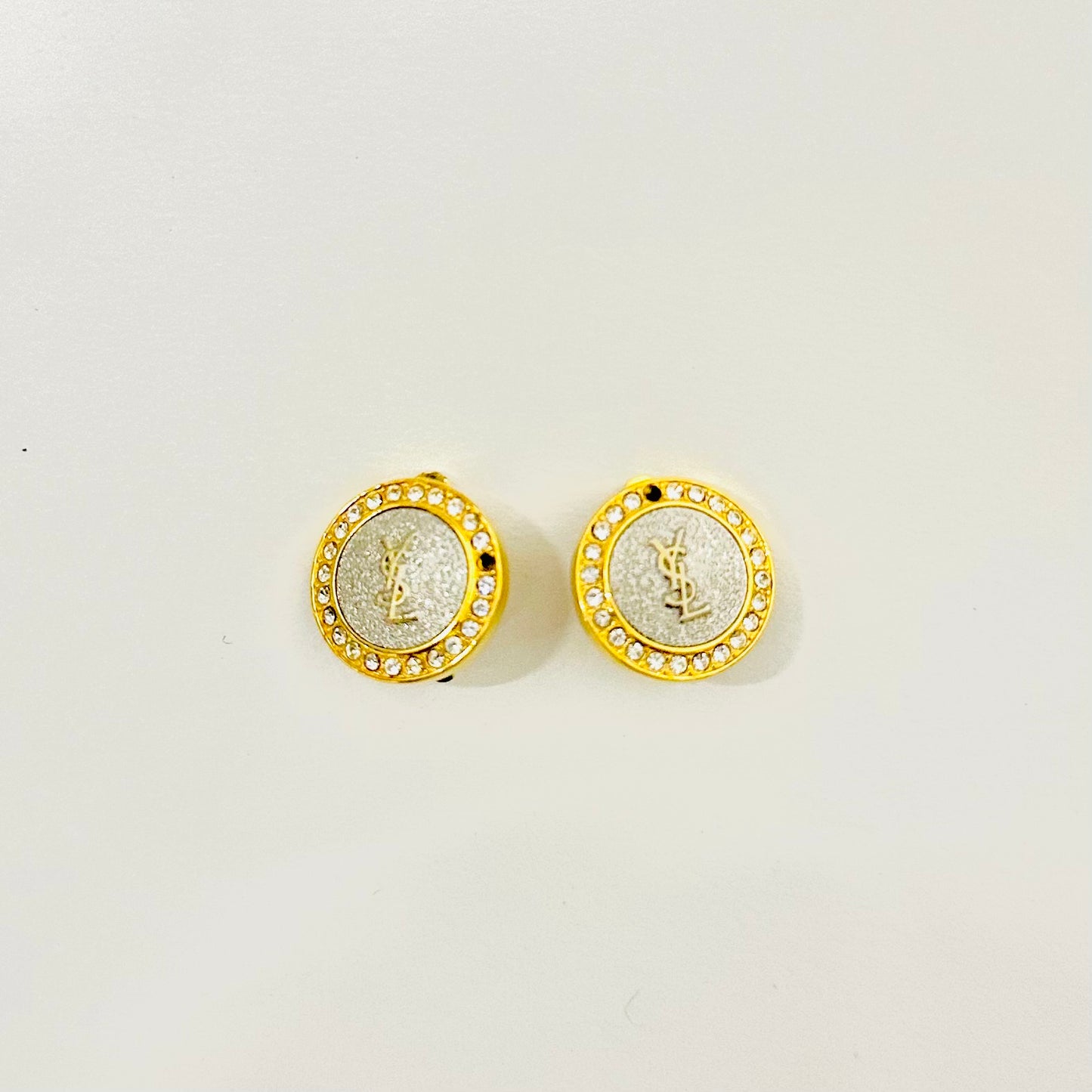 YSL Yves Saint Laurent Gold Monogram Logo & Crystals Round Clip On Earrings