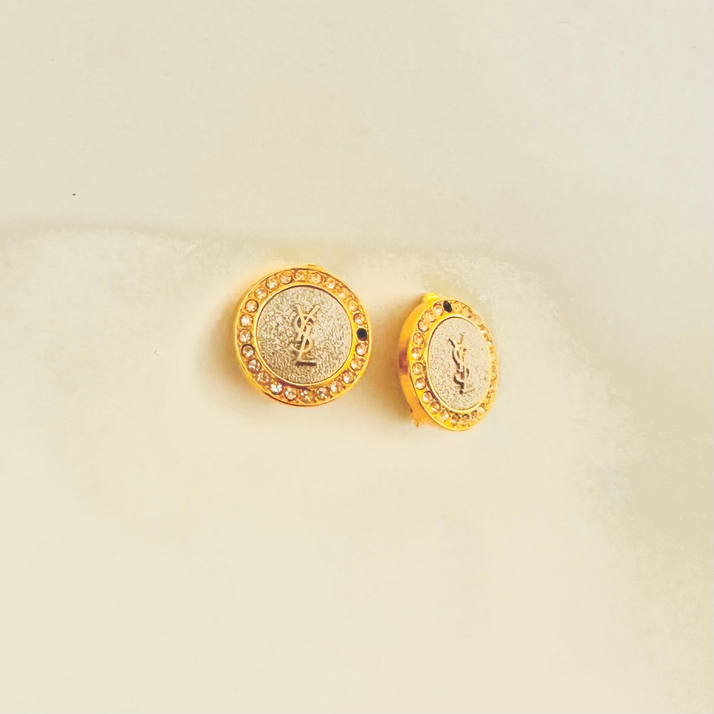 YSL Yves Saint Laurent Gold Monogram Logo & Crystals Round Clip On Earrings