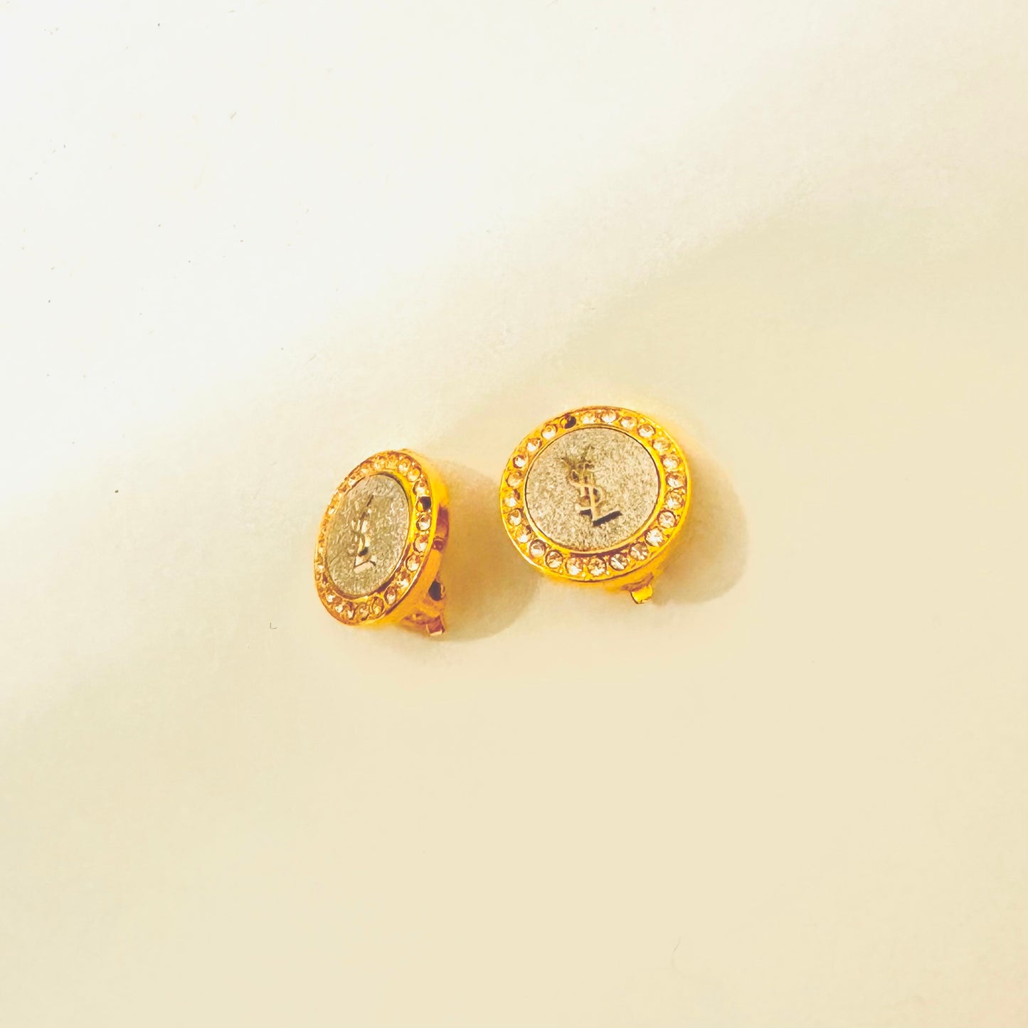 YSL Yves Saint Laurent Gold Monogram Logo & Crystals Round Clip On Earrings