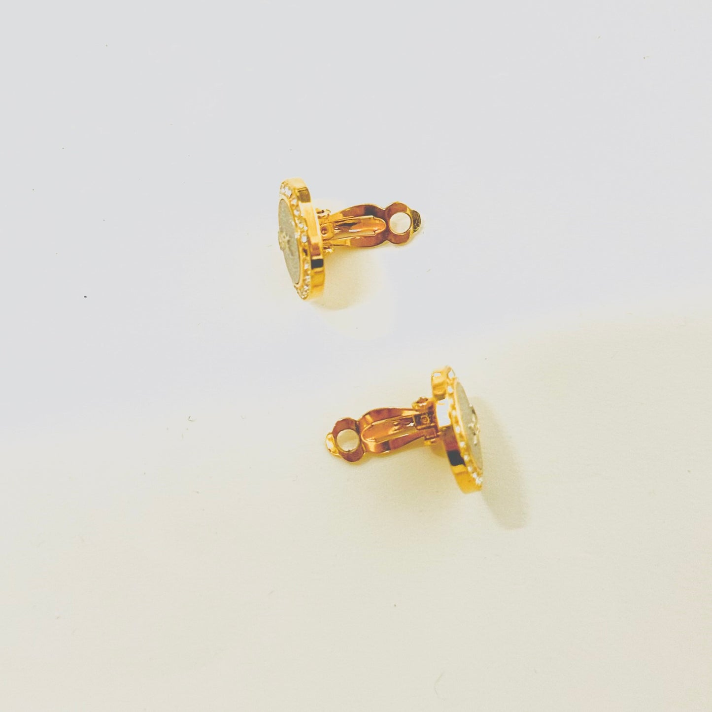 YSL Yves Saint Laurent Gold Monogram Logo & Crystals Round Clip On Earrings