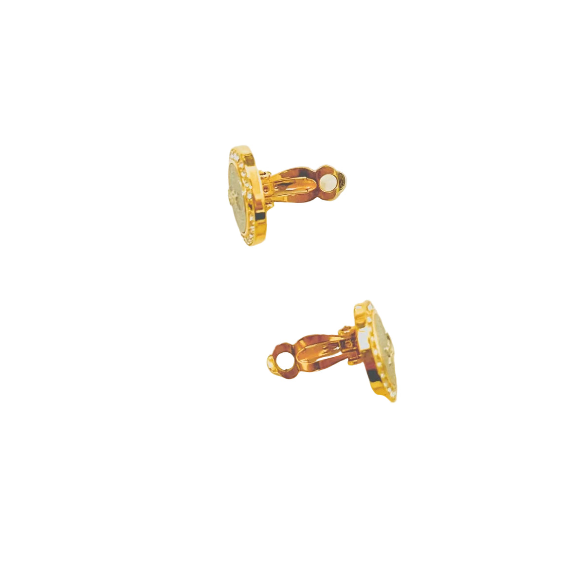YSL Yves Saint Laurent Gold Monogram Logo & Crystals Round Clip On Earrings