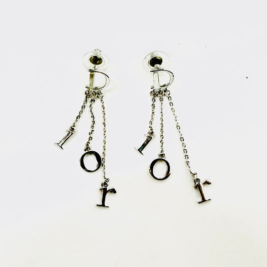 Christian Dior CD Silver Monogram Logo Dangling Stud Earrings