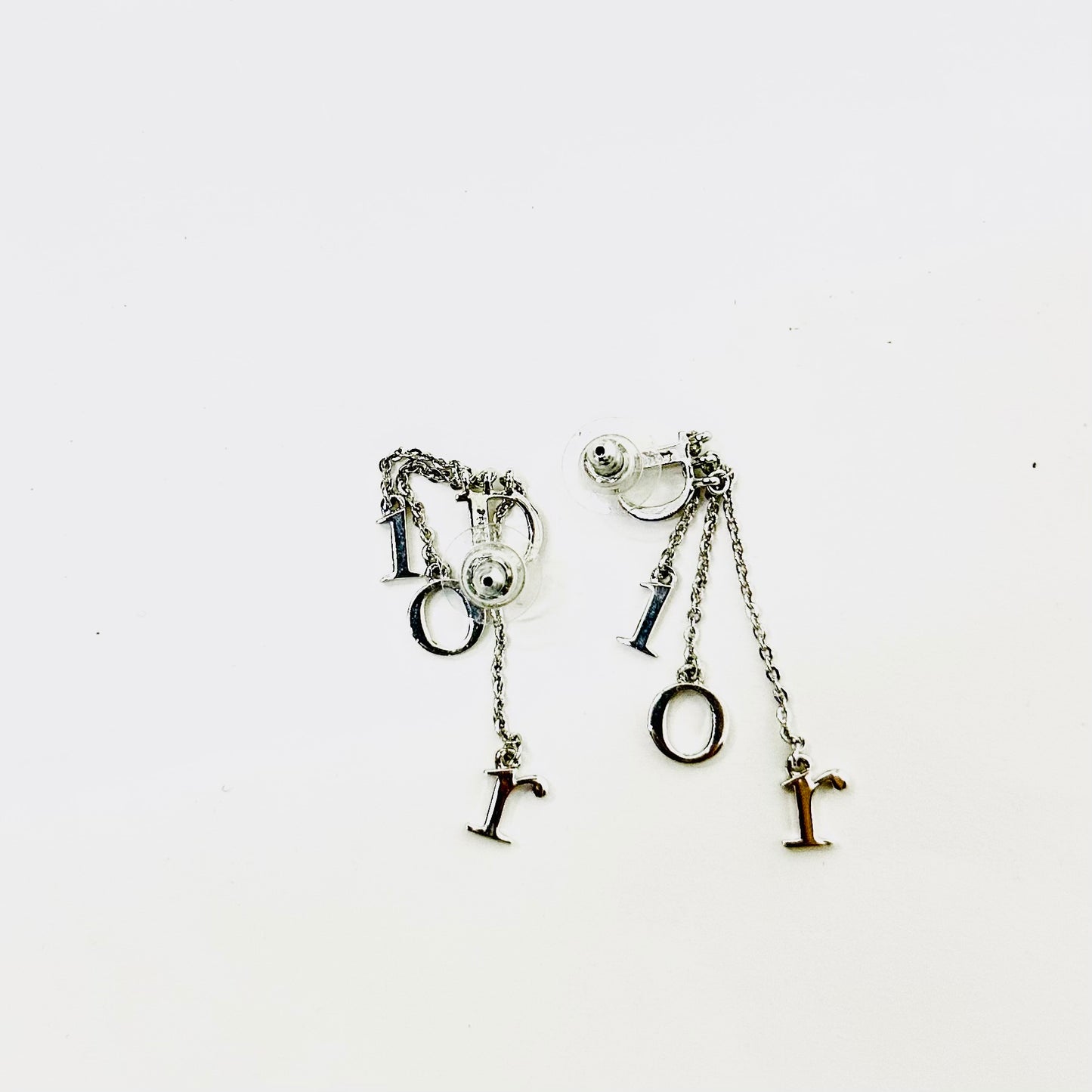 Christian Dior CD Silver Monogram Logo Dangling Stud Earrings