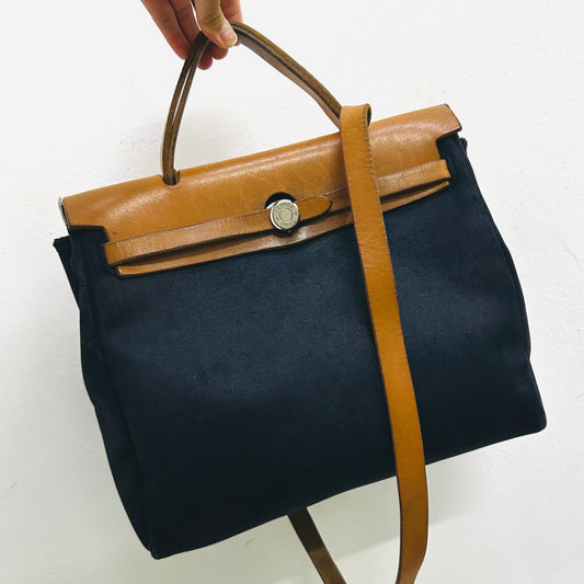 Hermes Black / Tan Herbag 28 Sac A Dos Canvas / Leather Top Handle Shoulder Sling Tote Bag