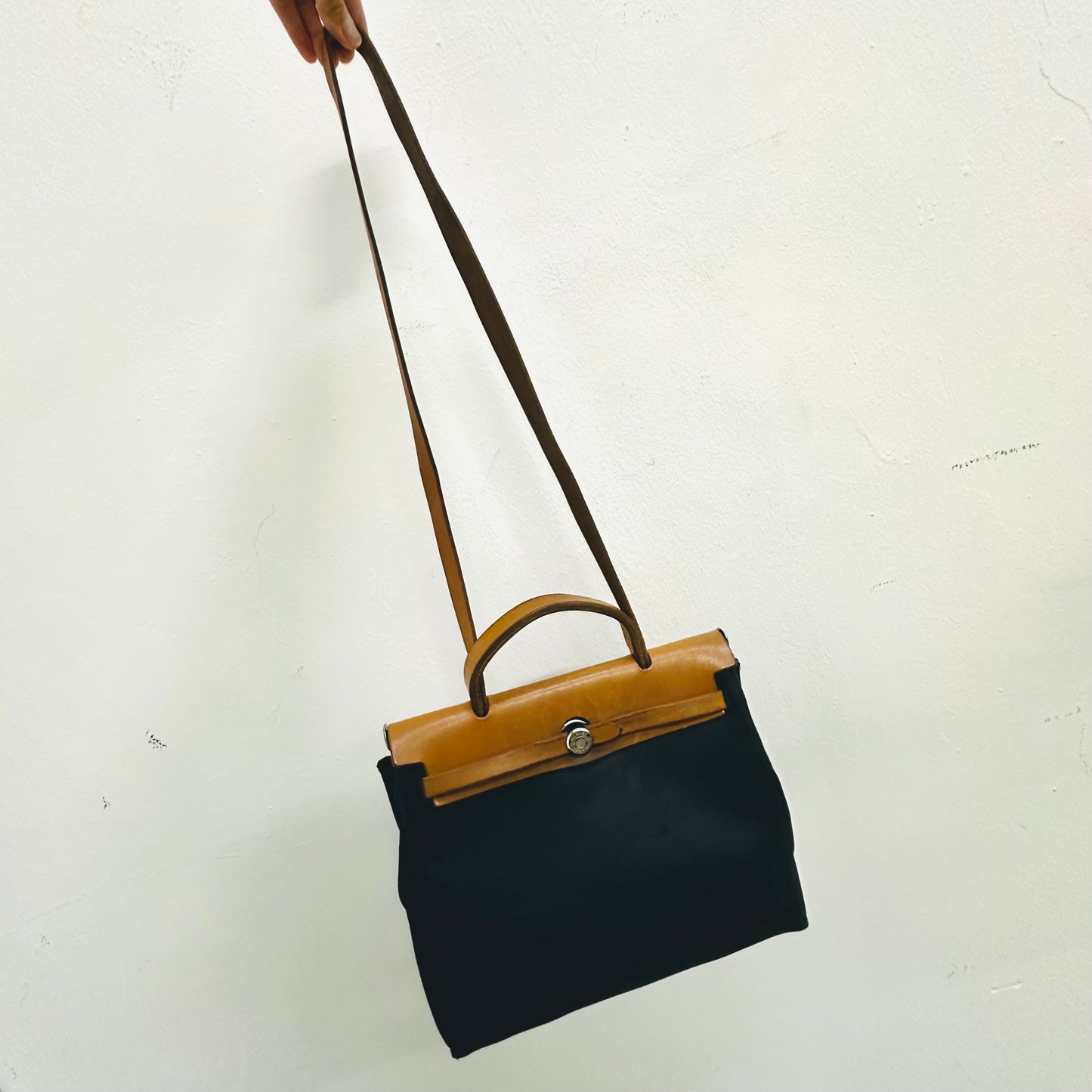 Hermes Black / Tan Herbag 28 Sac A Dos Canvas / Leather Top Handle Shoulder Sling Tote Bag