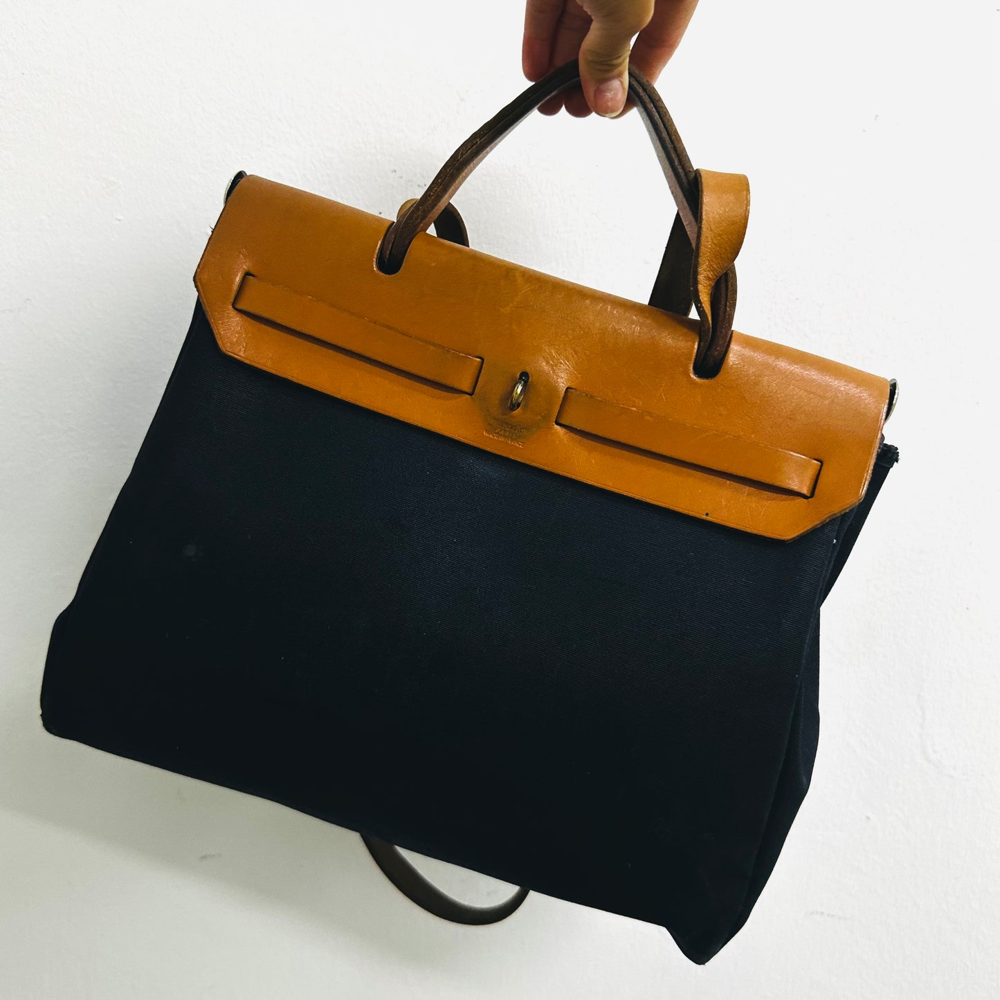 Hermes Black / Tan Herbag 28 Sac A Dos Canvas / Leather Top Handle Shoulder Sling Tote Bag