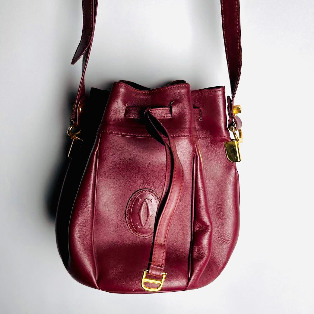 Cartier Must / Mast de Cartier Burgundy Maroon Red GHW Smooth Leather Bucket Shoulder Sling Bag