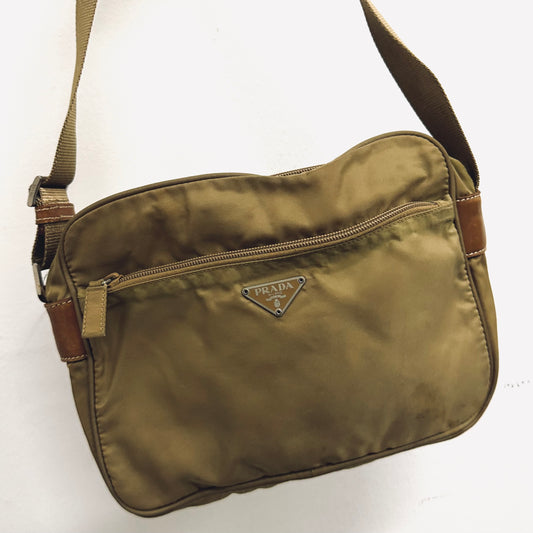Prada Taupe Beige Vela Sport Logo Classic Nylon & Leather Zip Shoulder Sling Bag