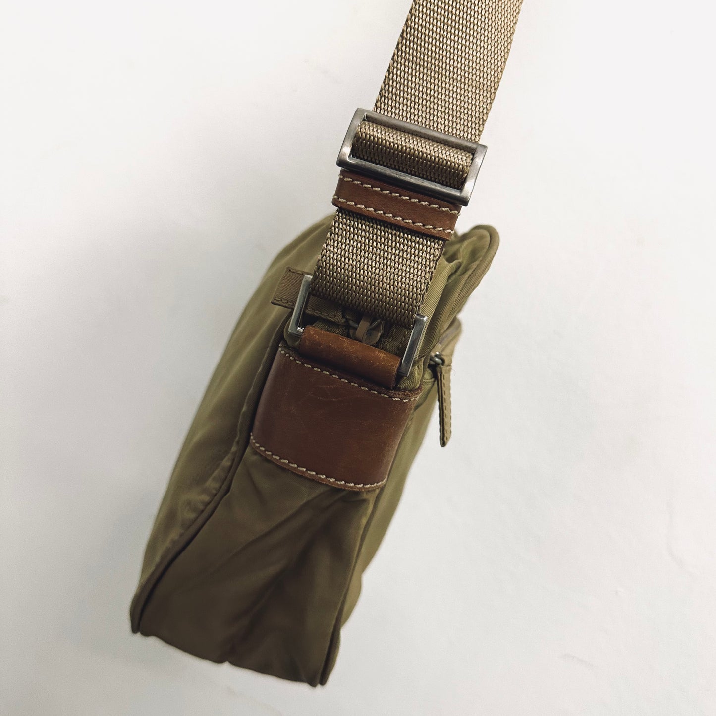 Prada Taupe Beige Vela Sport Logo Classic Nylon & Leather Zip Shoulder Sling Bag