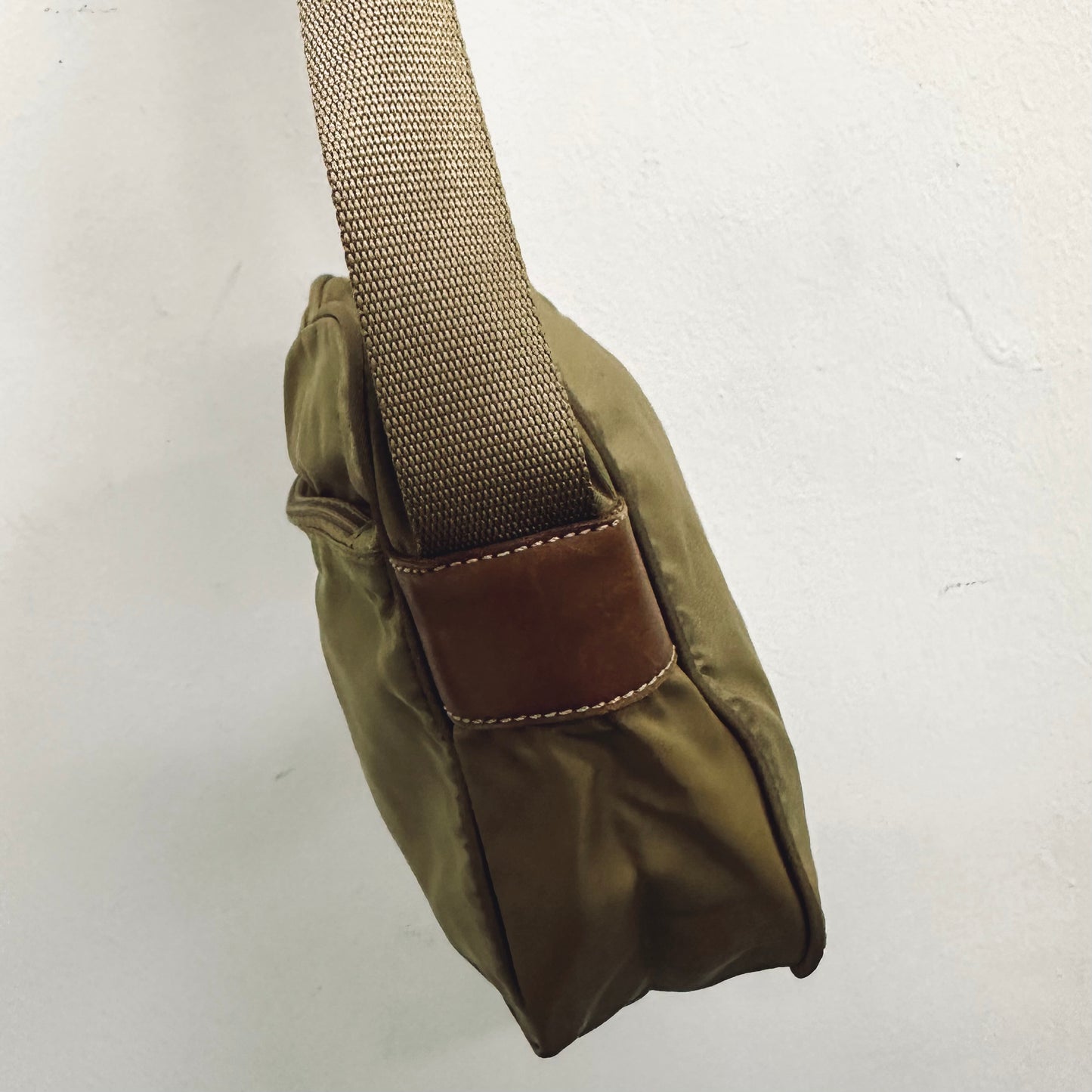 Prada Taupe Beige Vela Sport Logo Classic Nylon & Leather Zip Shoulder Sling Bag