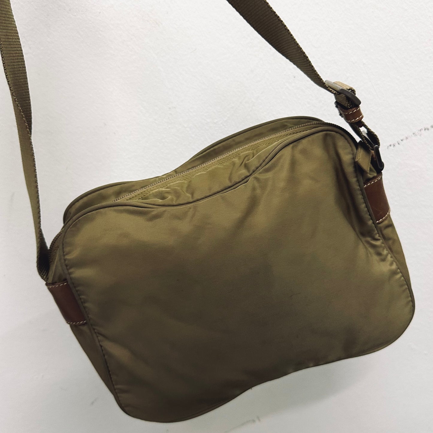 Prada Taupe Beige Vela Sport Logo Classic Nylon & Leather Zip Shoulder Sling Bag