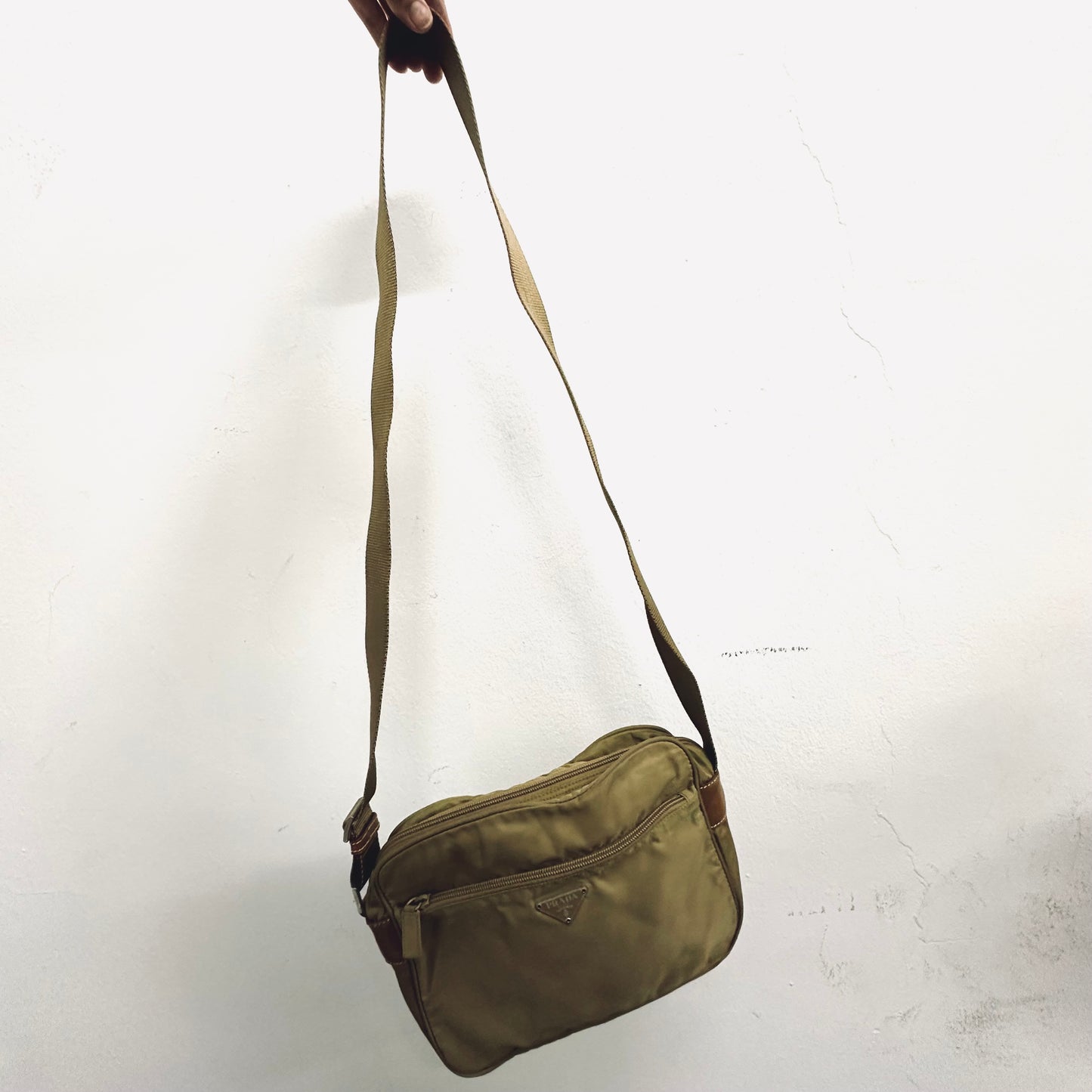 Prada Taupe Beige Vela Sport Logo Classic Nylon & Leather Zip Shoulder Sling Bag