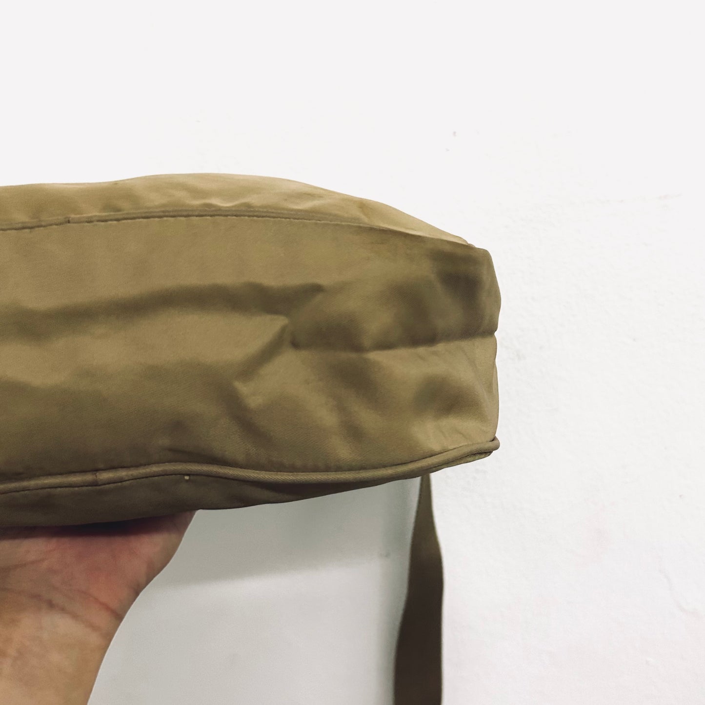 Prada Taupe Beige Vela Sport Logo Classic Nylon & Leather Zip Shoulder Sling Bag